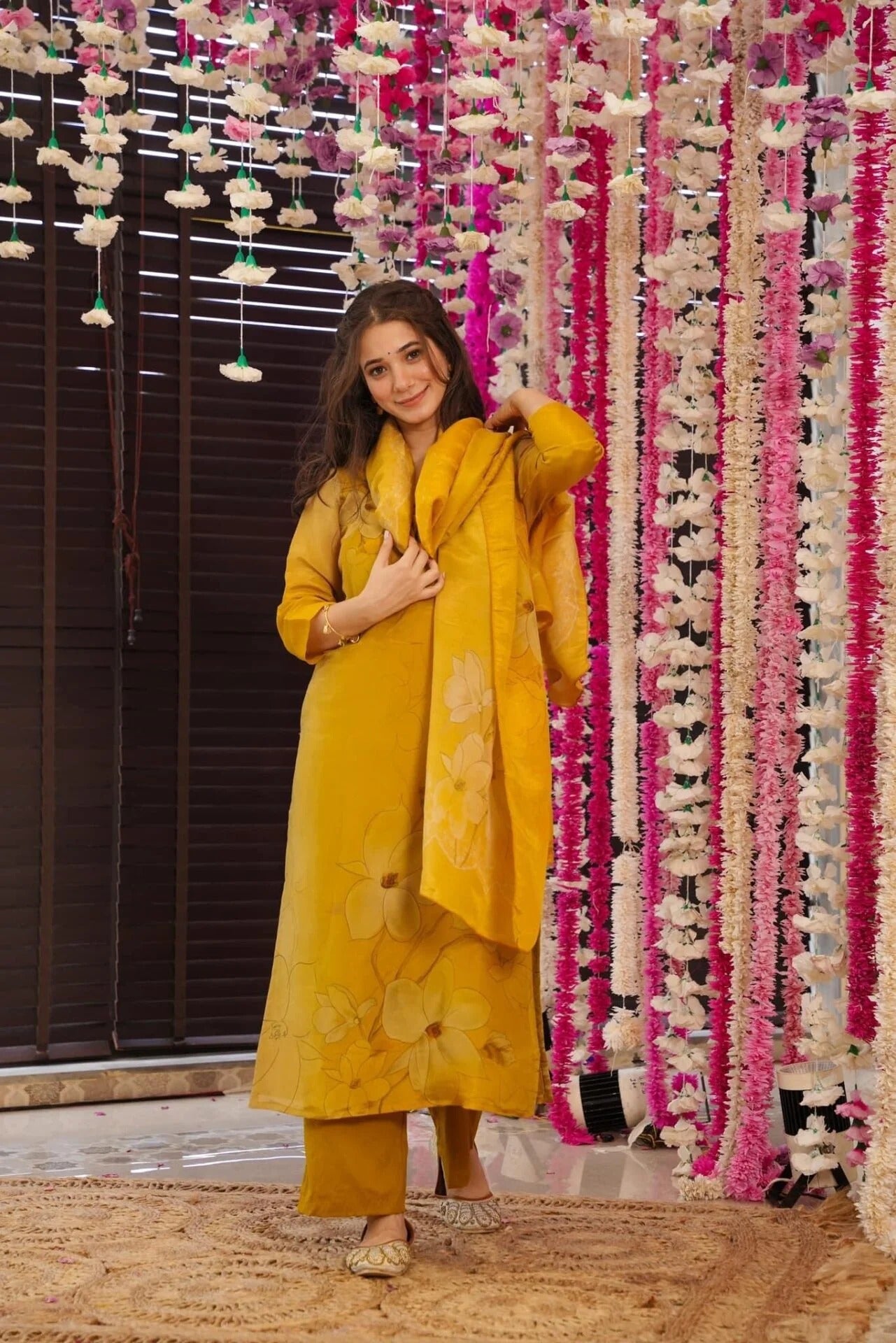 Yellow Silk Kurta Pant Set Printed