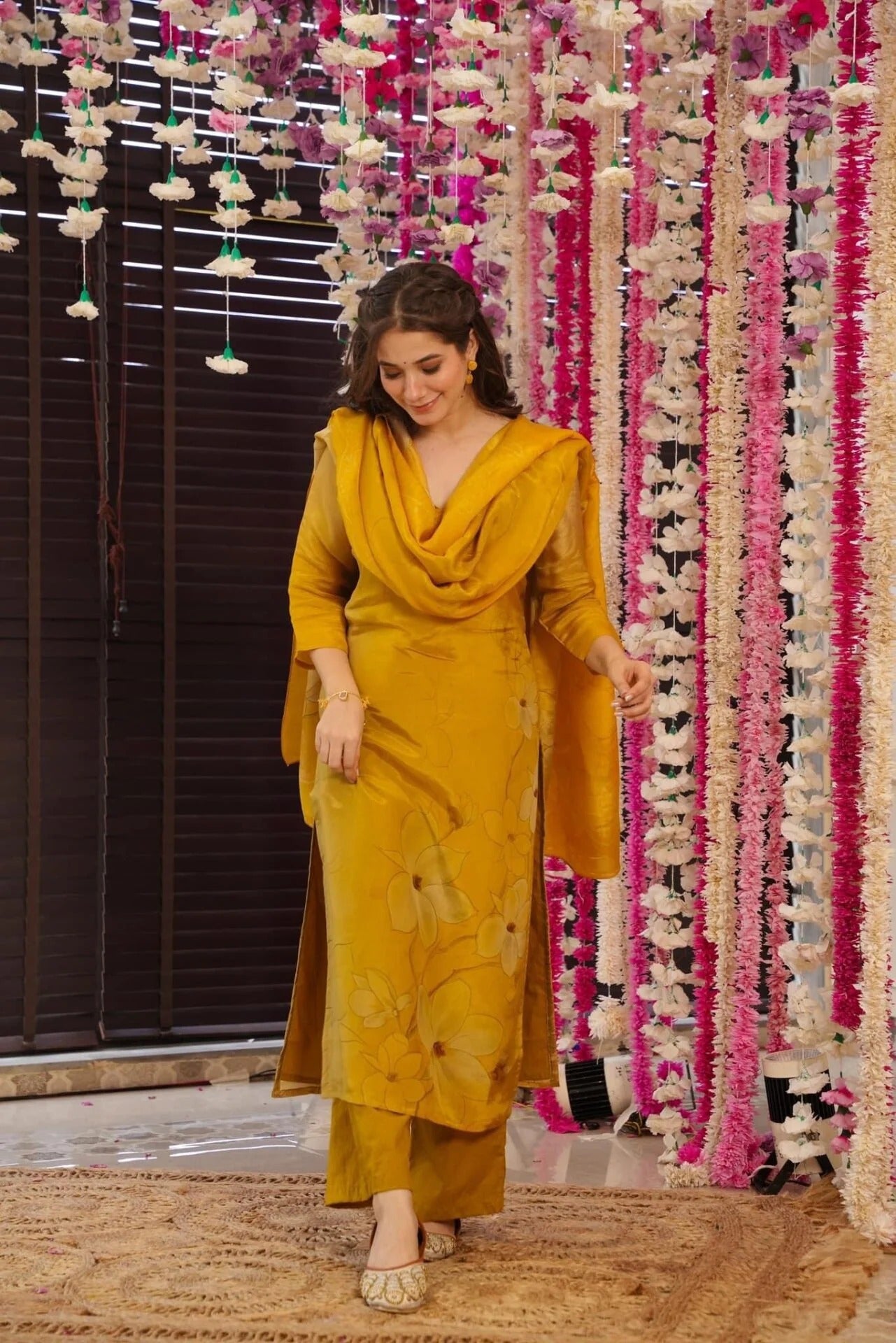 Yellow Silk Kurta Pant Set Printed