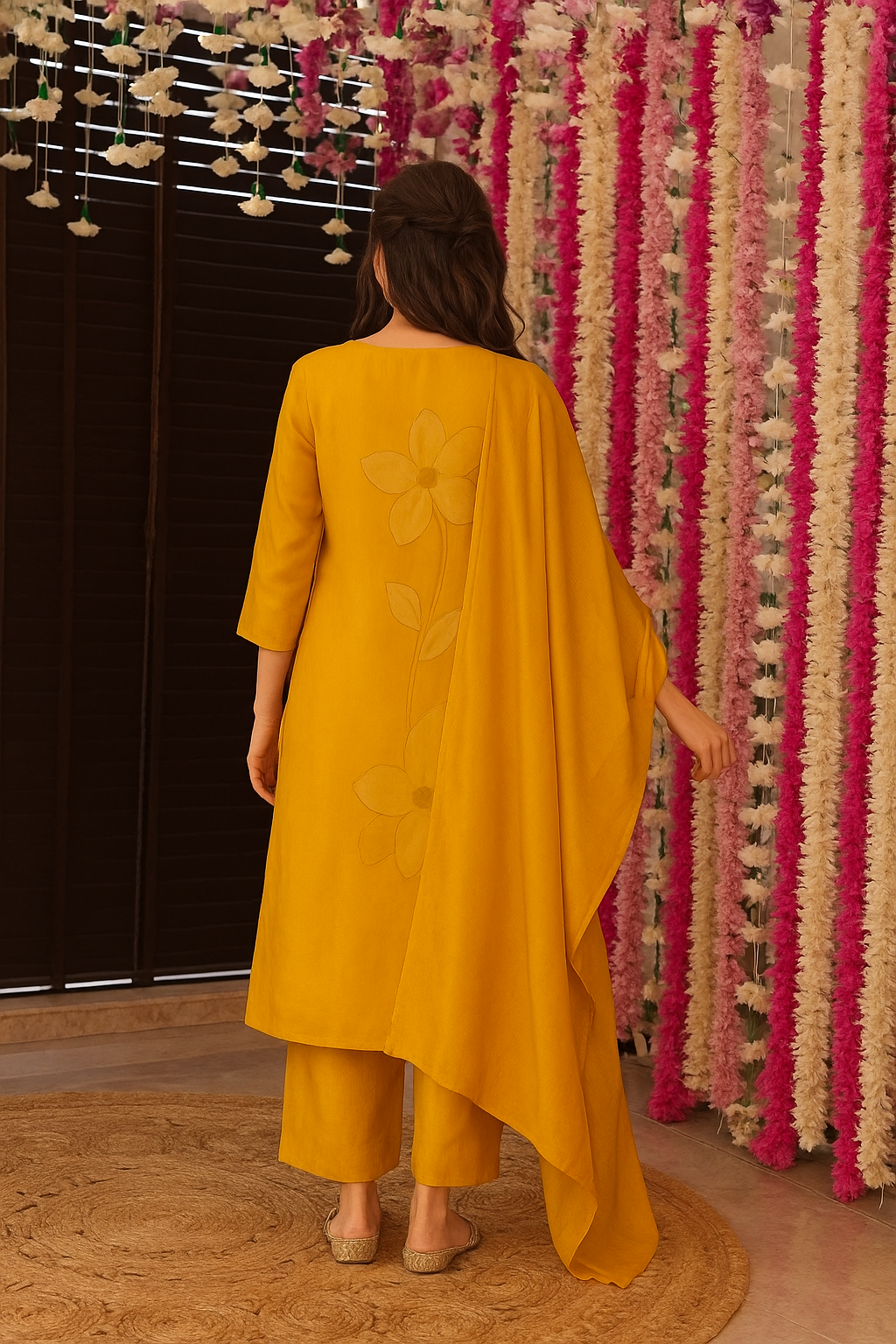 Yellow Silk Kurta Pant Set Printed