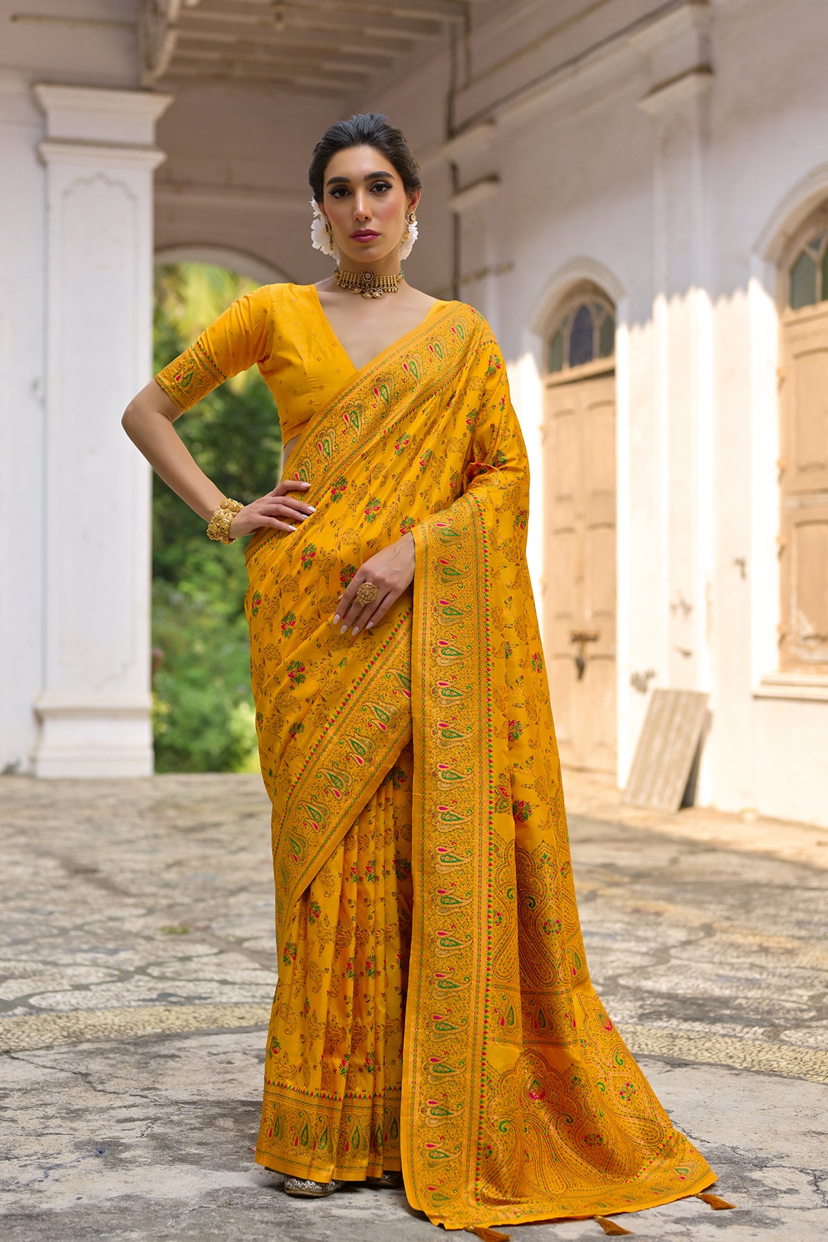 Yellow Silk Saree with Thread Jal and Floral Weaves