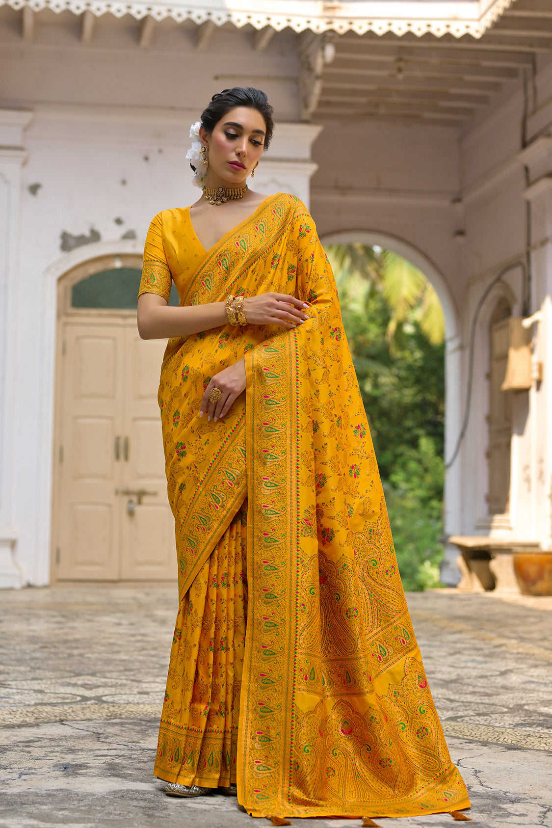 Yellow Silk Saree with Thread Jal and Floral Weaves