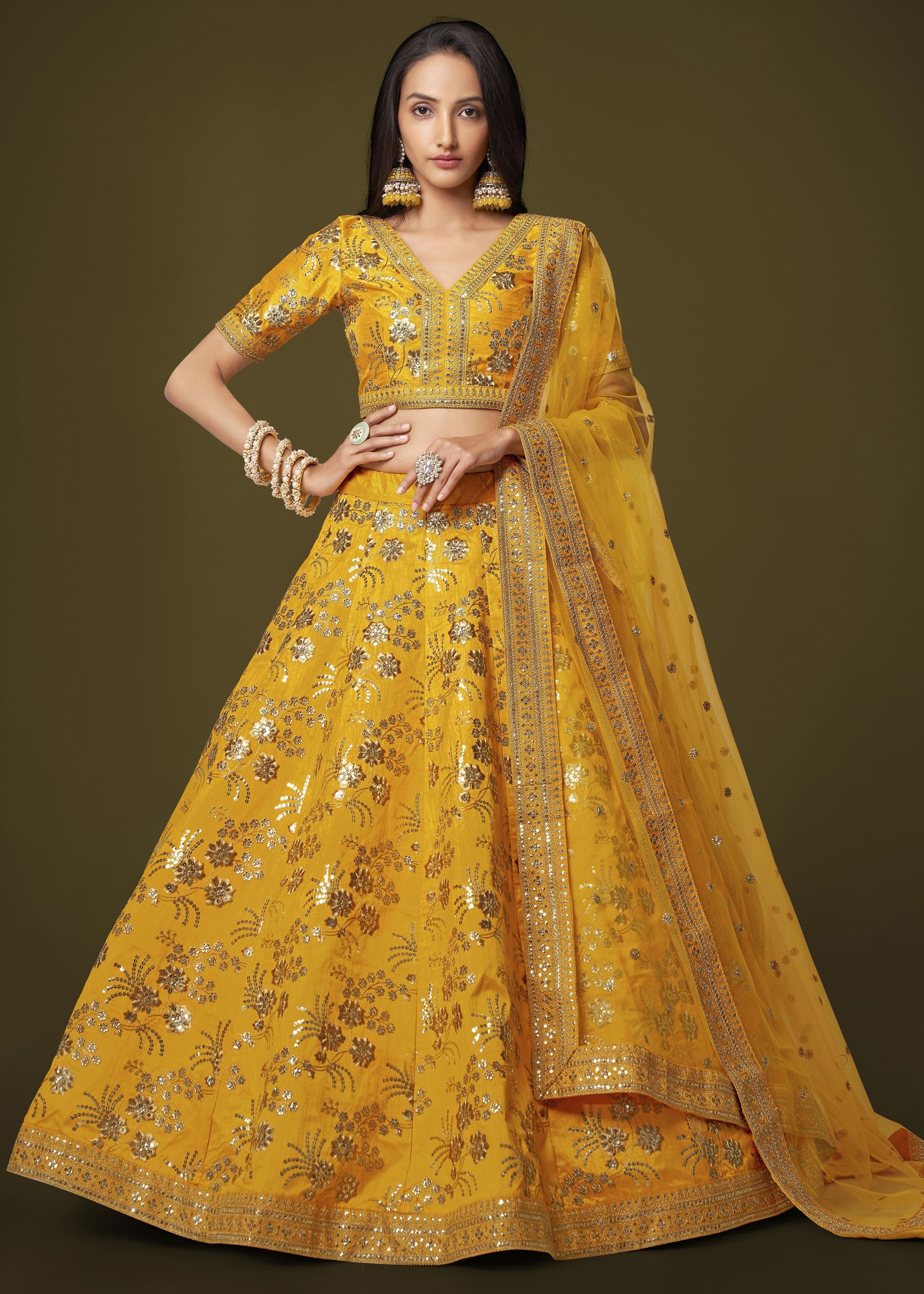 Yellow Slub Silk Lehenga Choli With Zari Sequins and Dori Embroidery Work