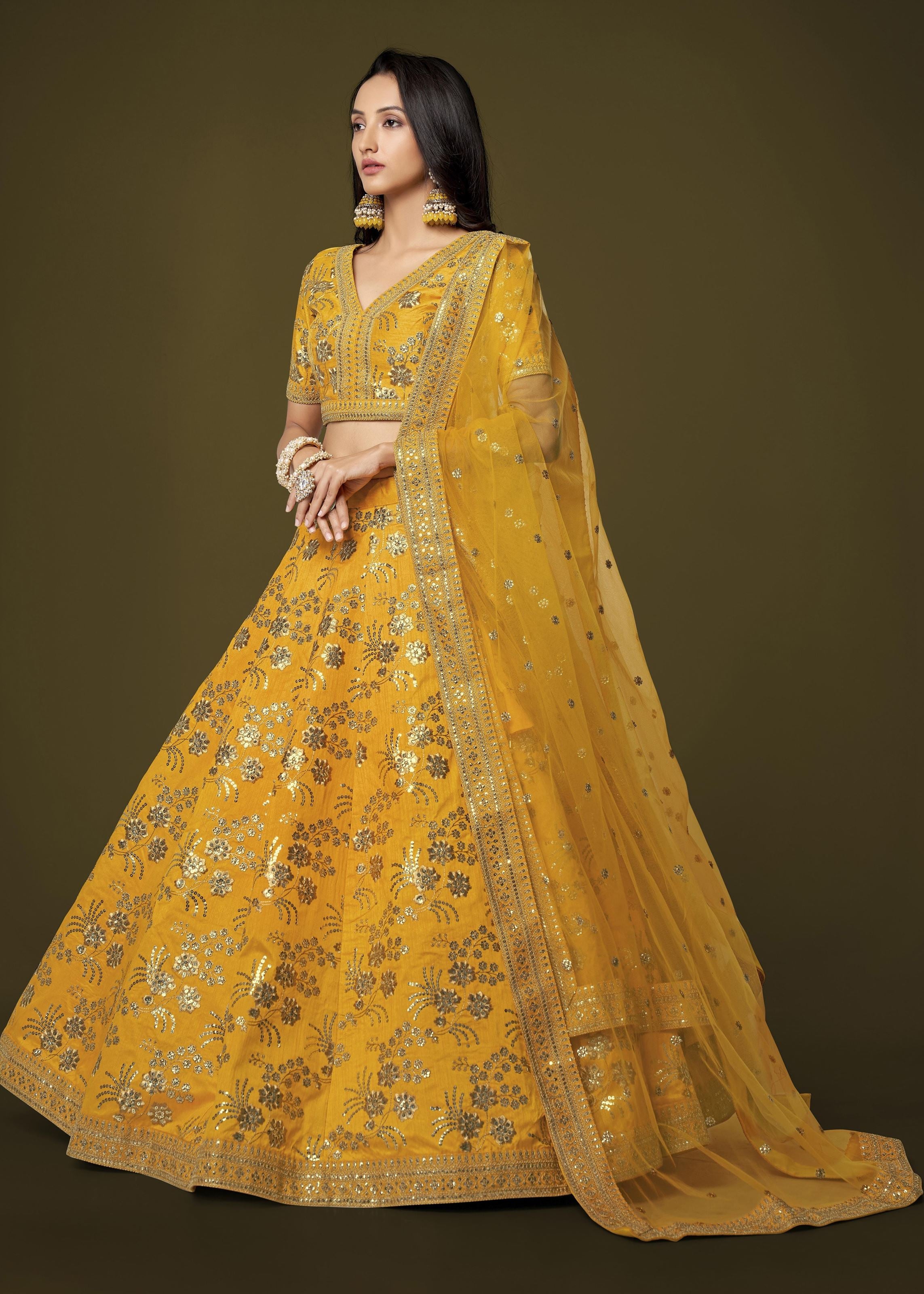 Yellow Slub Silk Lehenga Choli With Zari Sequins and Dori Embroidery Work