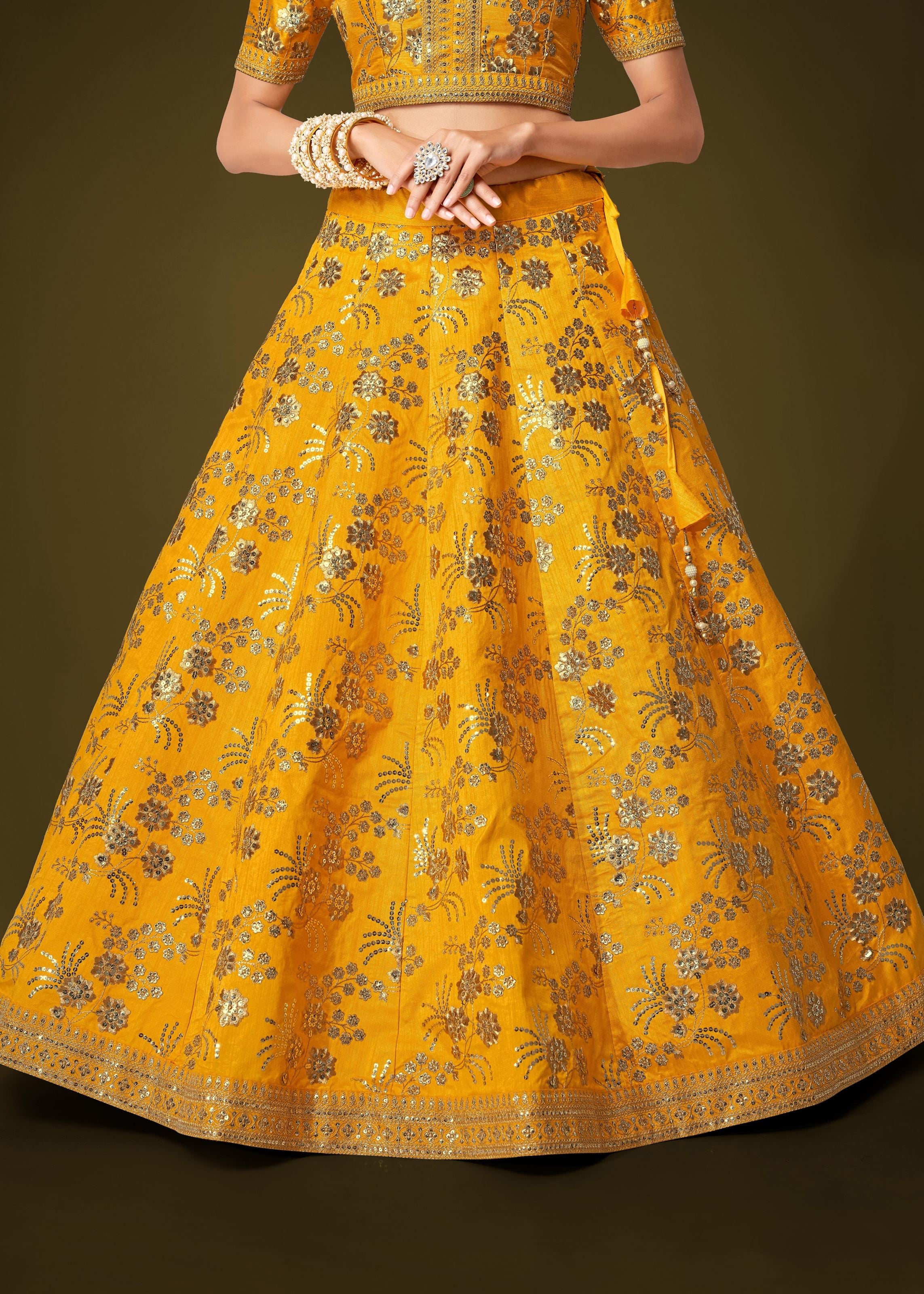 Yellow Slub Silk Lehenga Choli With Zari Sequins and Dori Embroidery Work