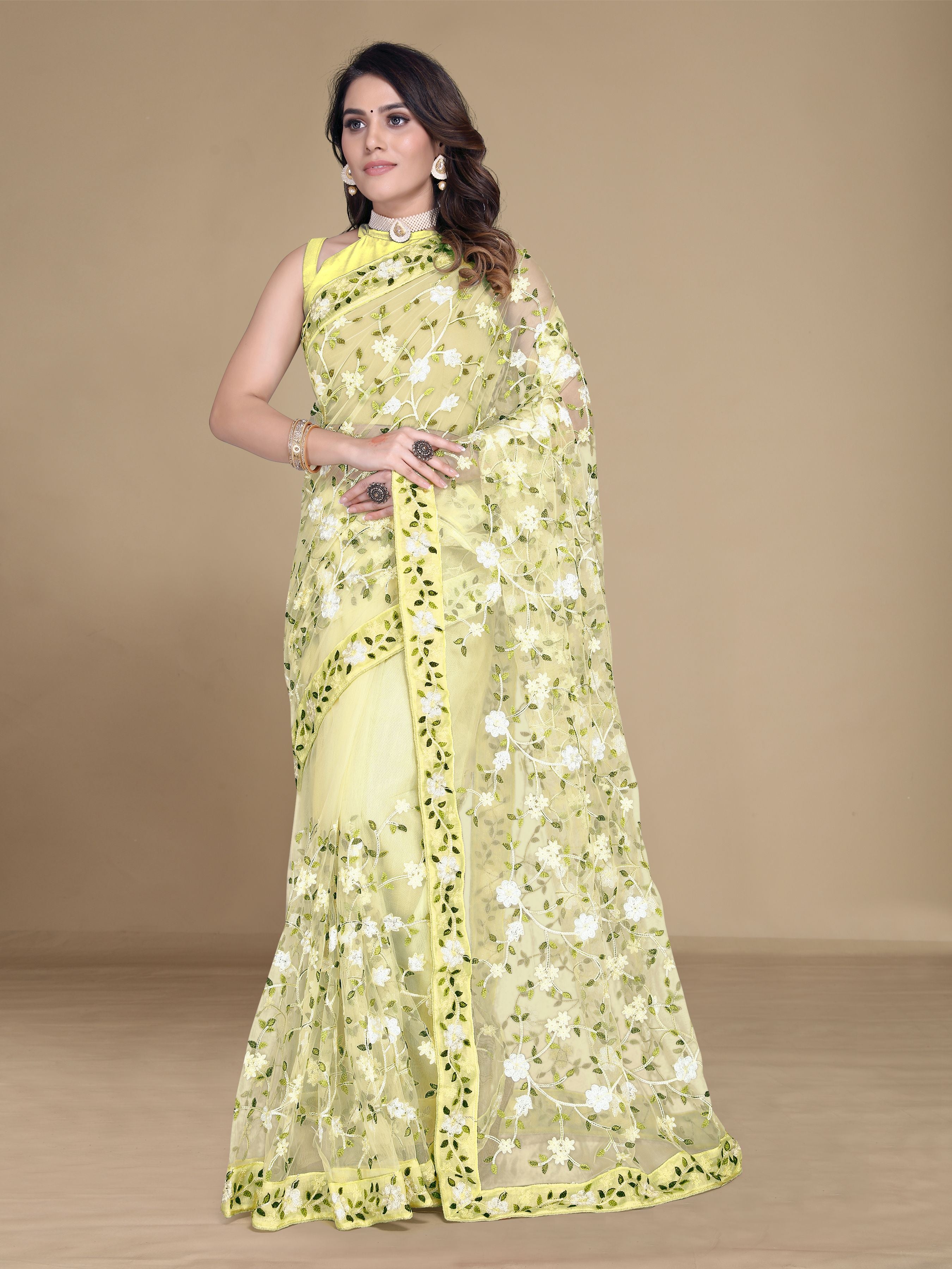 Yellow Soft Net Designer Multy Thread Embroidery Work Smart Partywear Saree