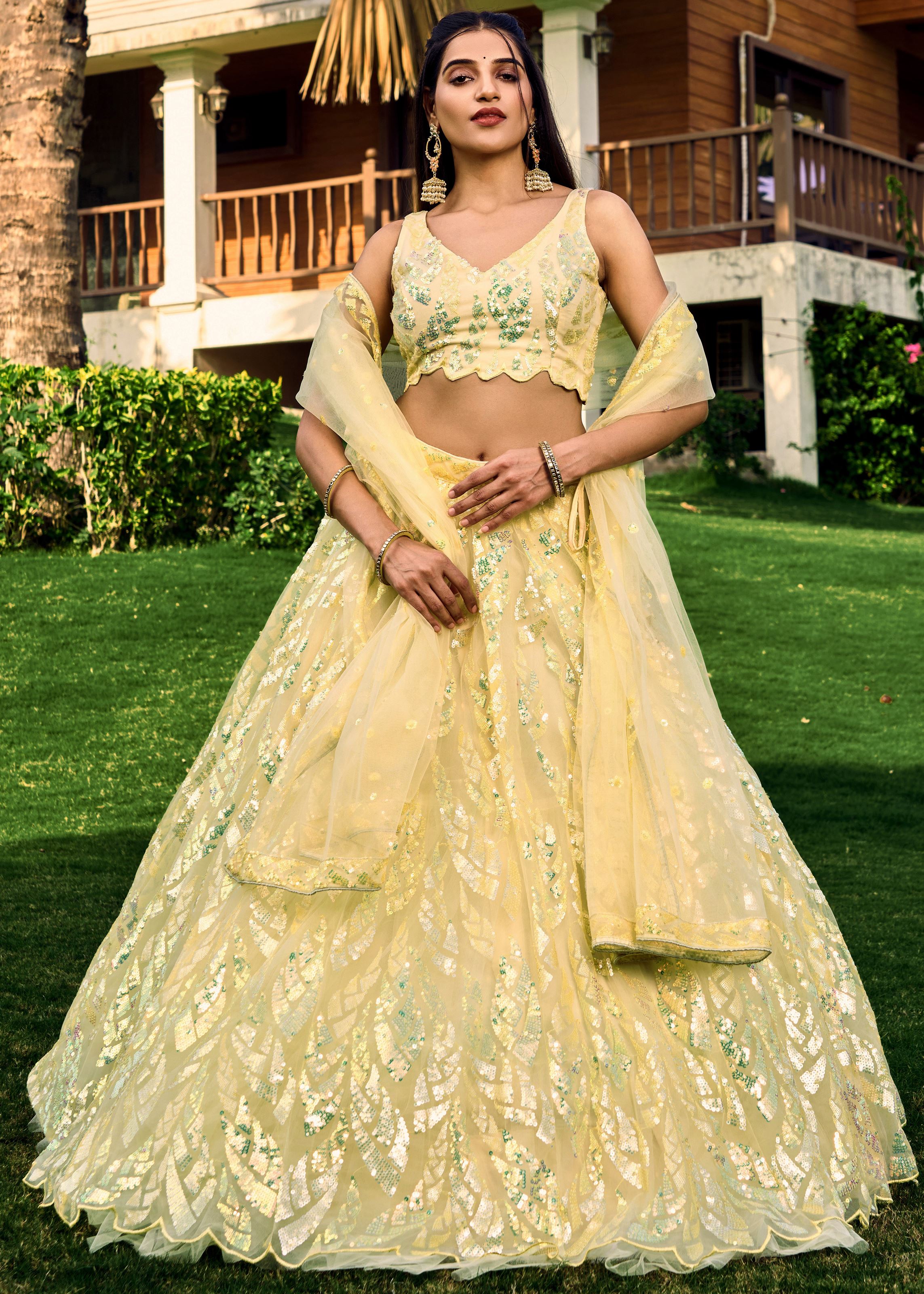 Yellow Soft Net Lehenga Choli With Multiple Sequins, Thread Embroidery Work