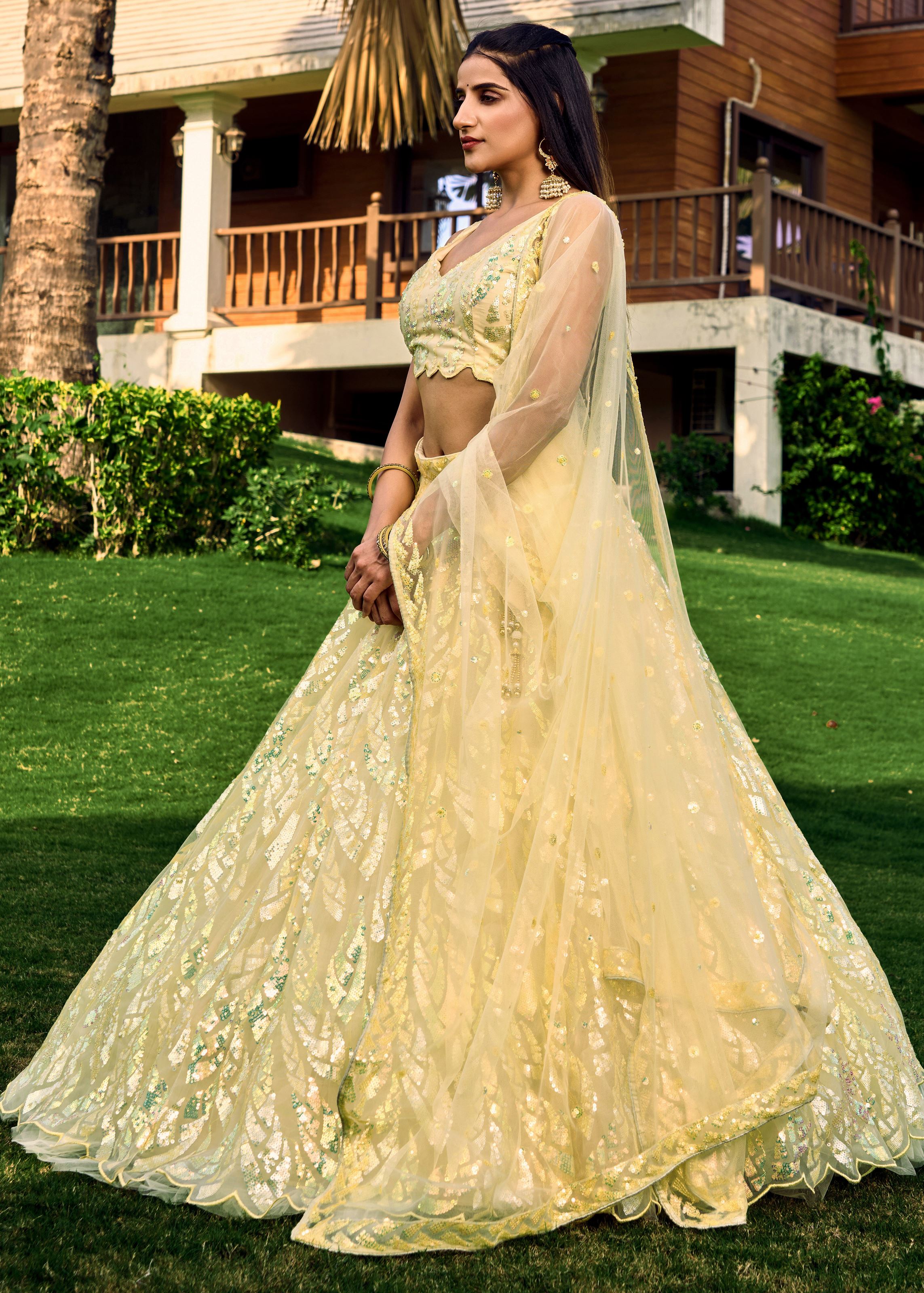 Yellow Soft Net Lehenga Choli With Multiple Sequins, Thread Embroidery Work