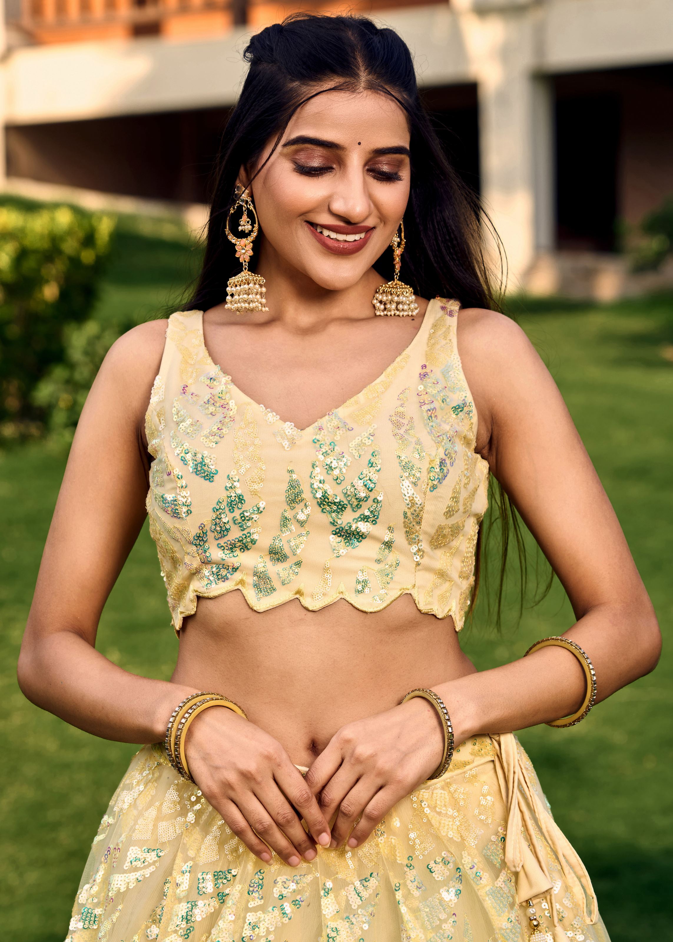 Yellow Soft Net Lehenga Choli With Multiple Sequins, Thread Embroidery Work