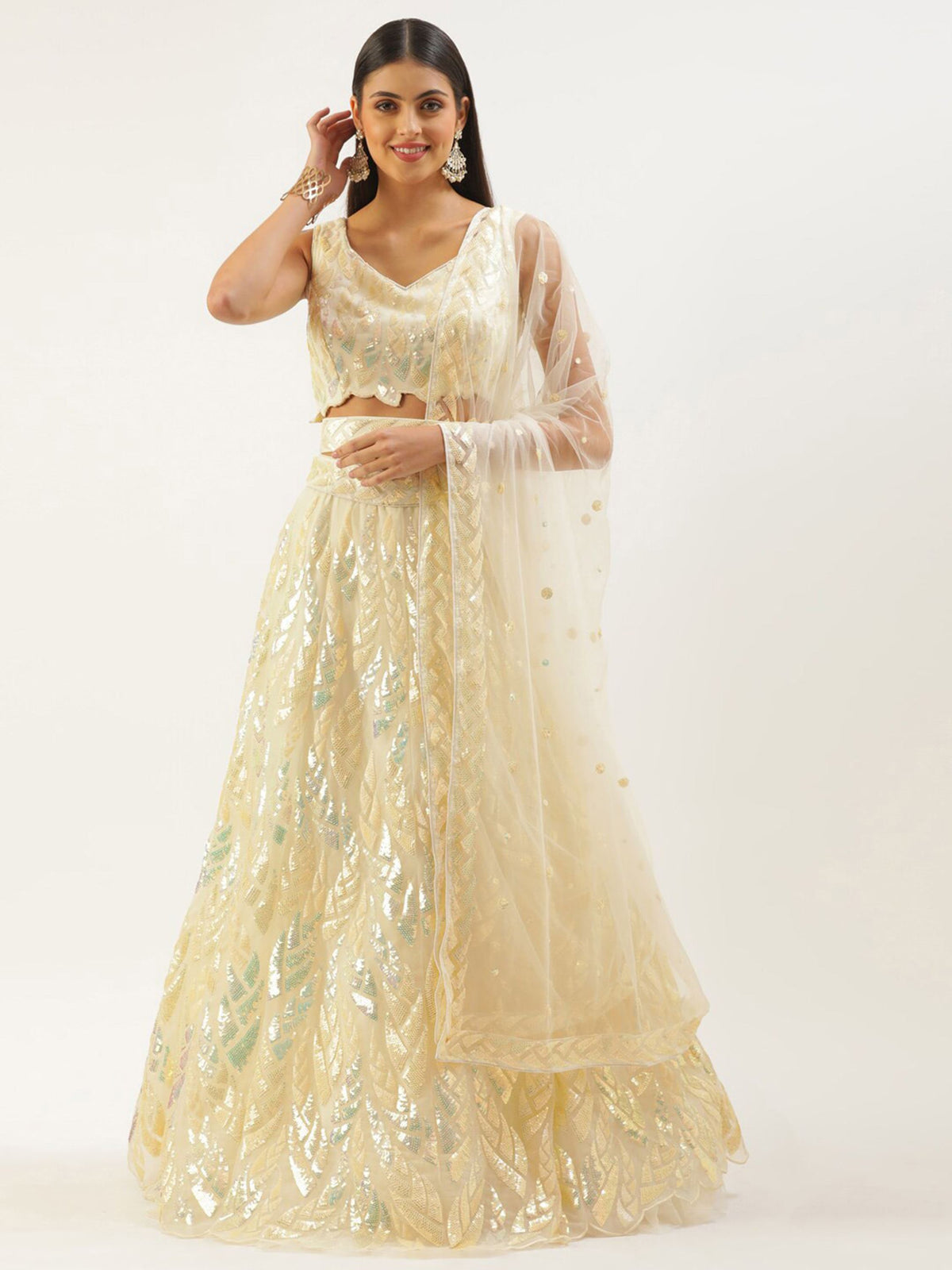 Yellow Soft Net Lehenga Choli With Multiple Sequins, Thread Embroidery Work
