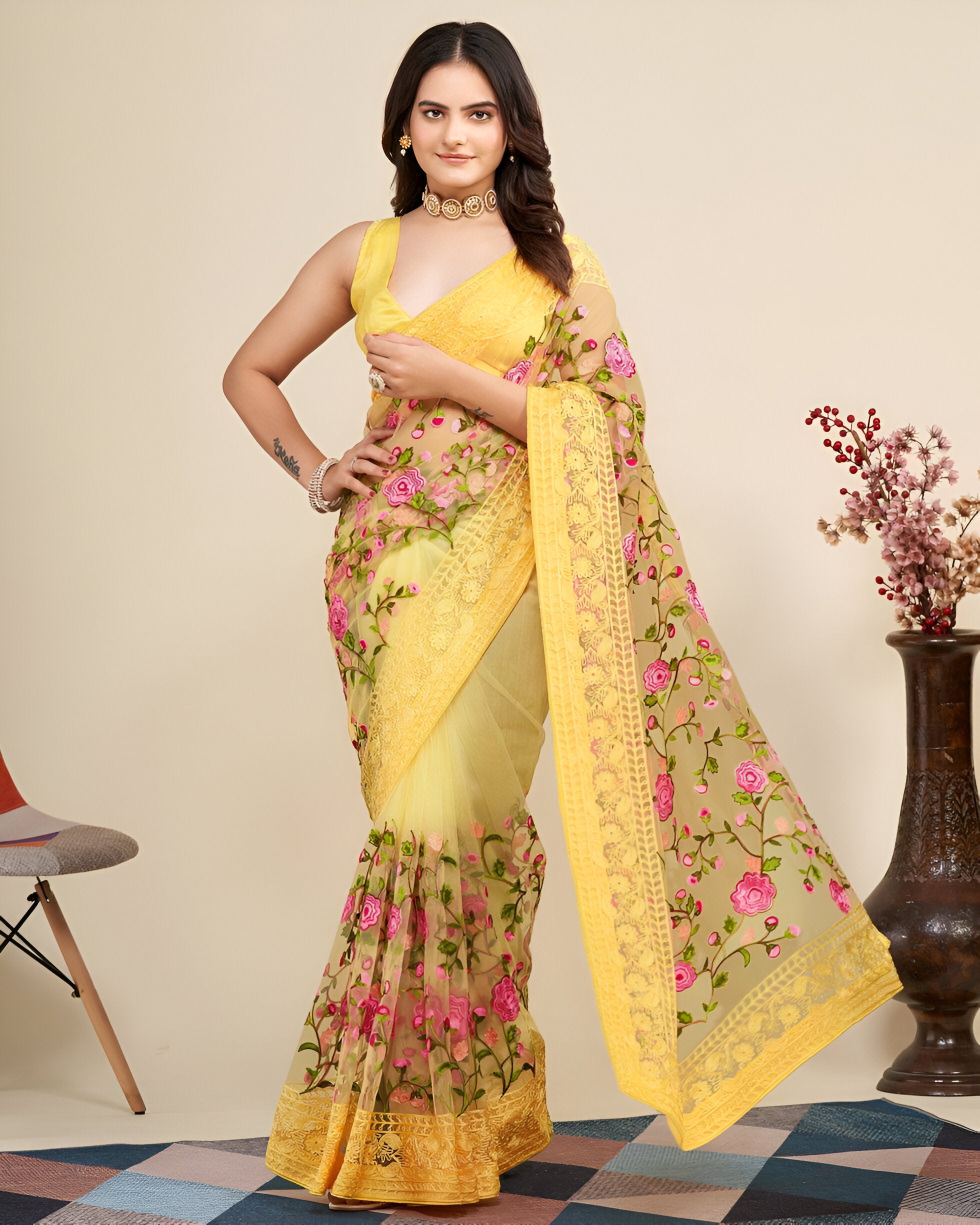Yellow Soft Net Saree with C Pallu Chikankari Embroidery Work