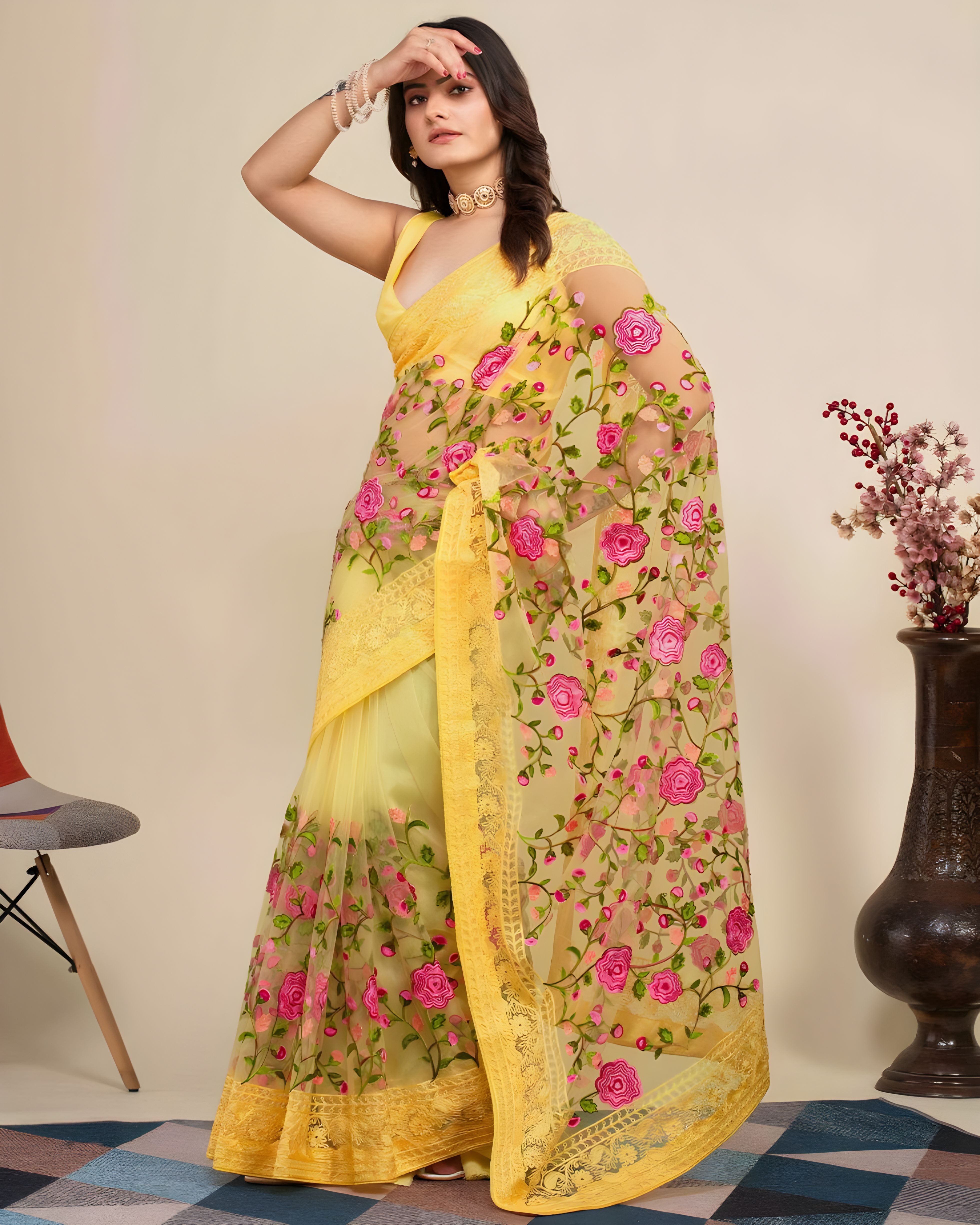 Yellow Soft Net Saree with C Pallu Chikankari Embroidery Work