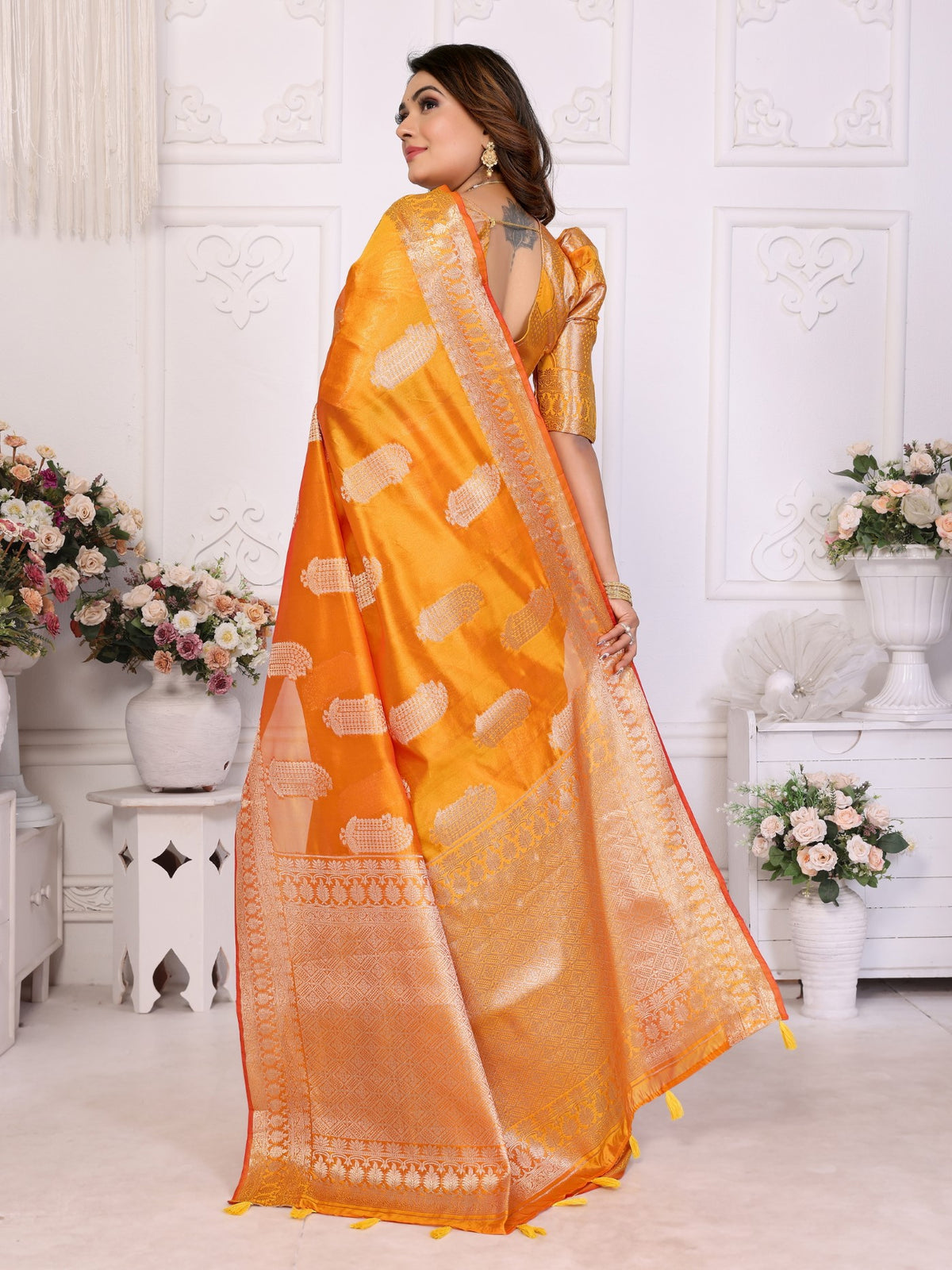 Yellow Soft Organza Silk Saree With Elegant Weaving
