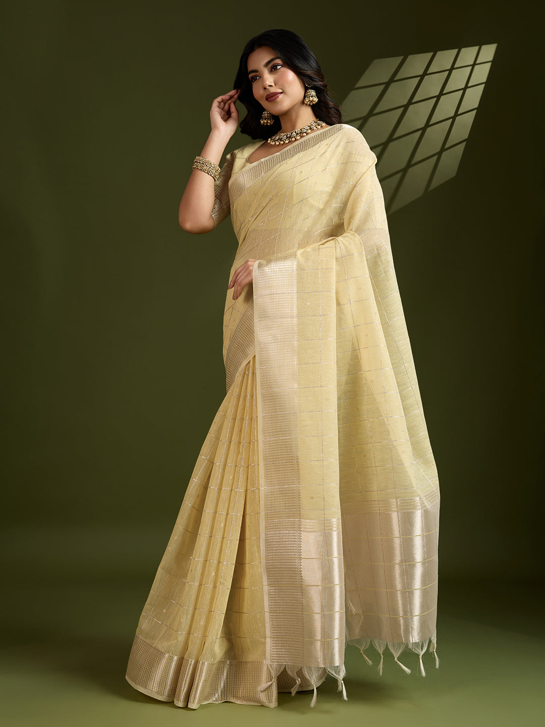 Yellow Soft Silk Saree with Checks and Zari Pallu