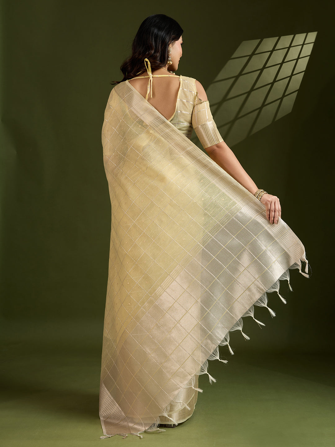 Yellow Soft Silk Saree with Checks and Zari Pallu