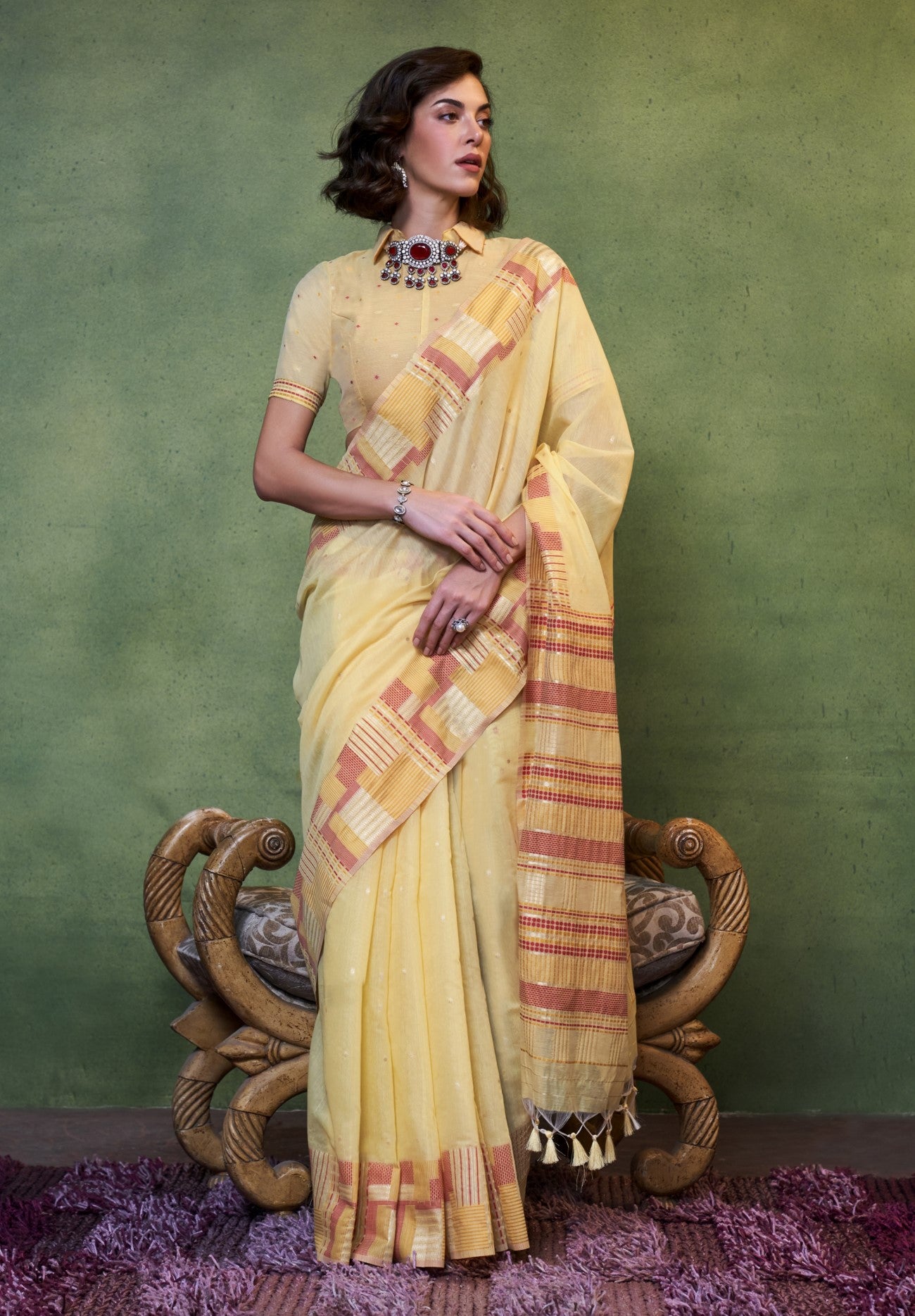Yellow Spun Cotton Saree With Jacquard Woven Work