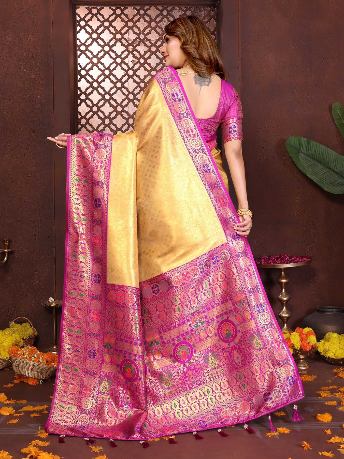 Yellow Tissue Silk Saree With Classic Weaving