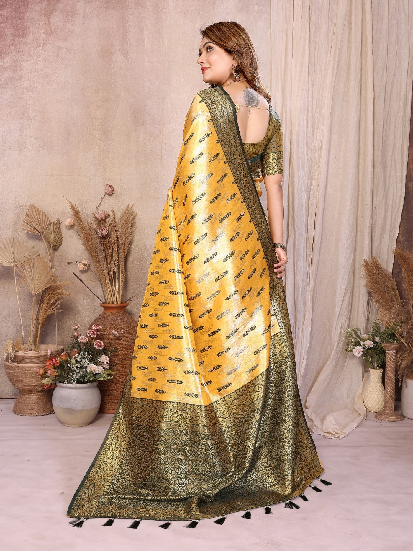 Yellow Tissue Silk Saree With Paithani Woven