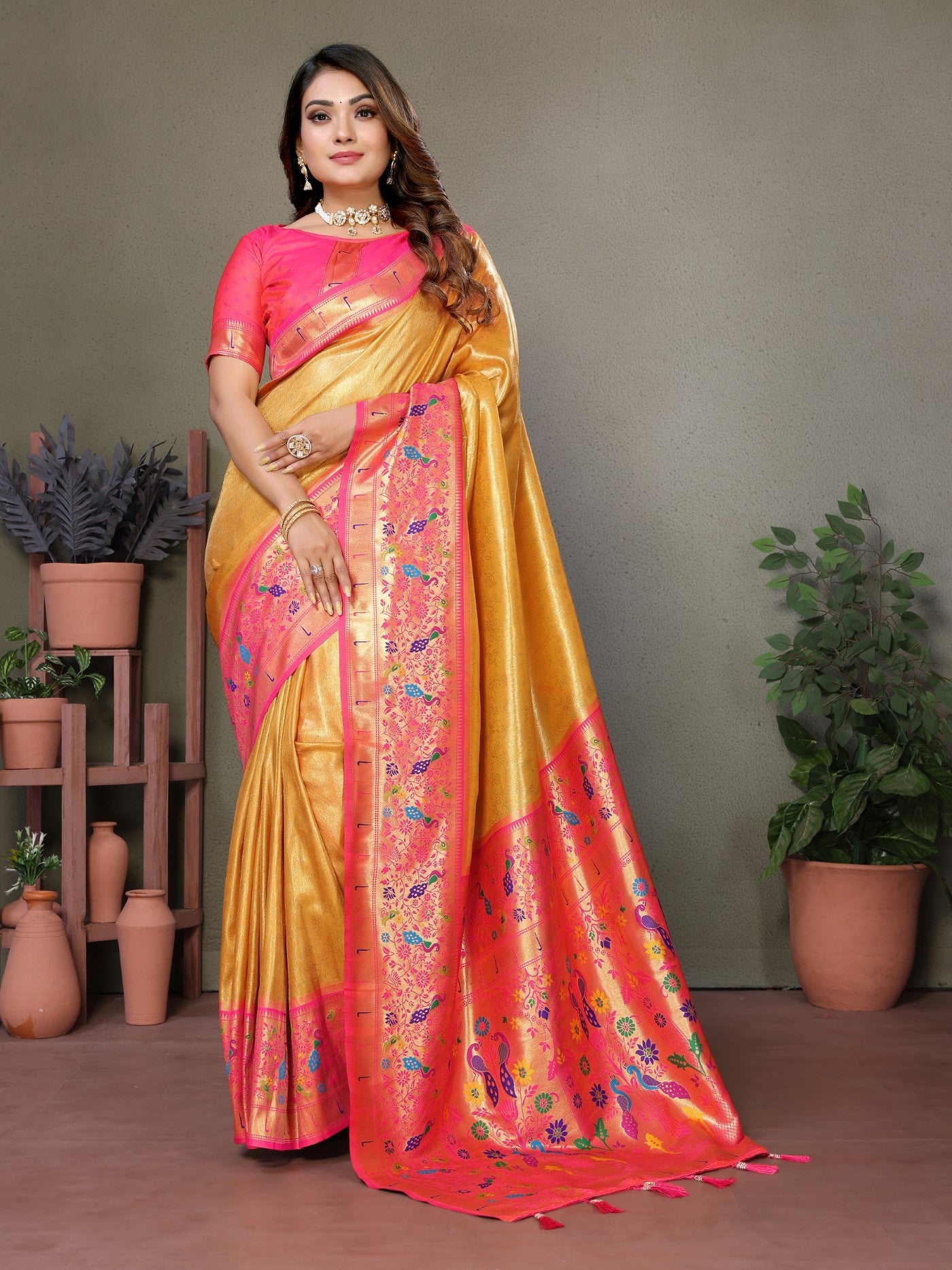 Yellow Tissue Silk Saree With Paithani Woven