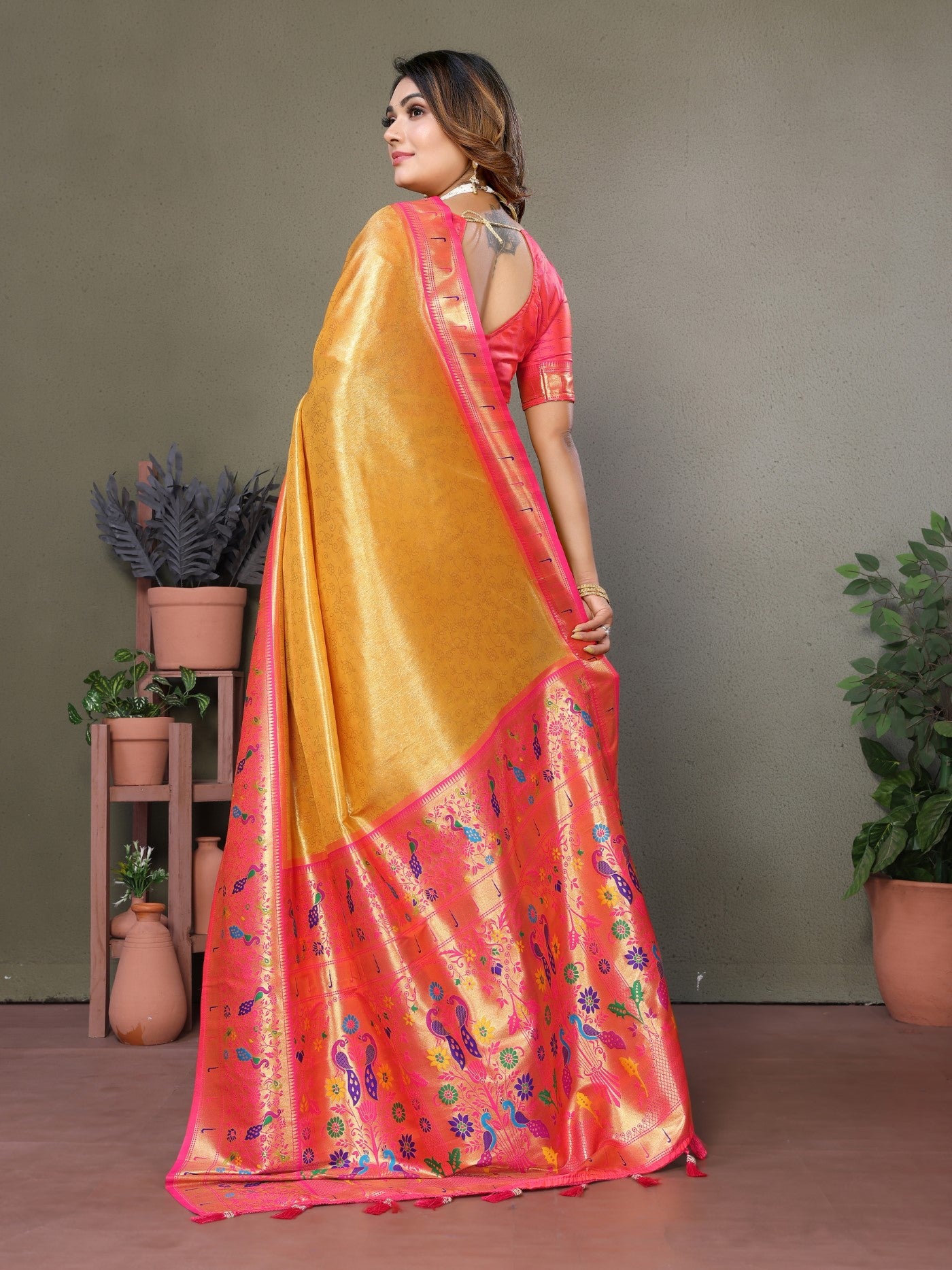 Yellow Tissue Silk Saree With Paithani Woven