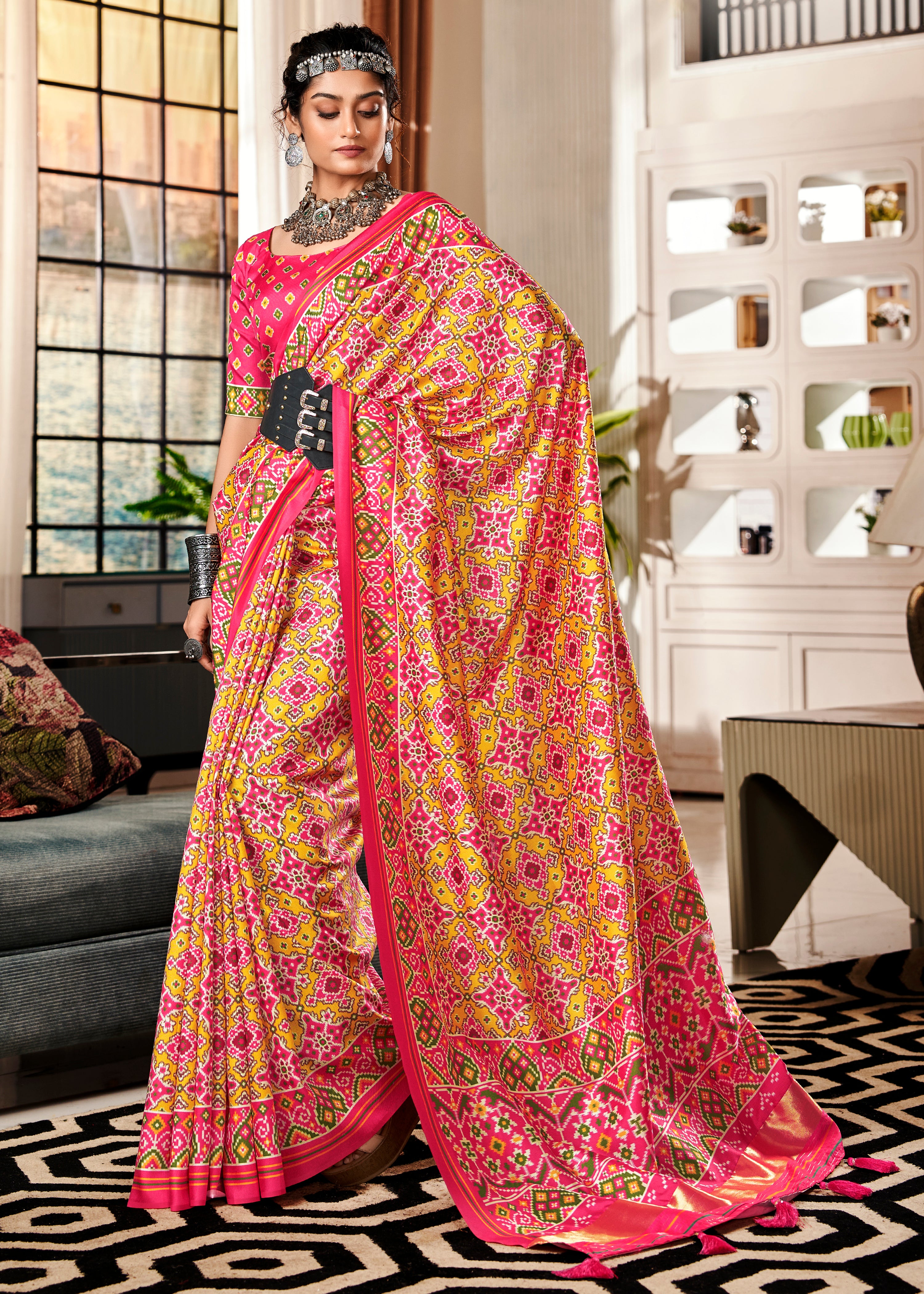 Yellow Tussar Silk Saree With Patola Digital Print with Lagadi Patta Pallu