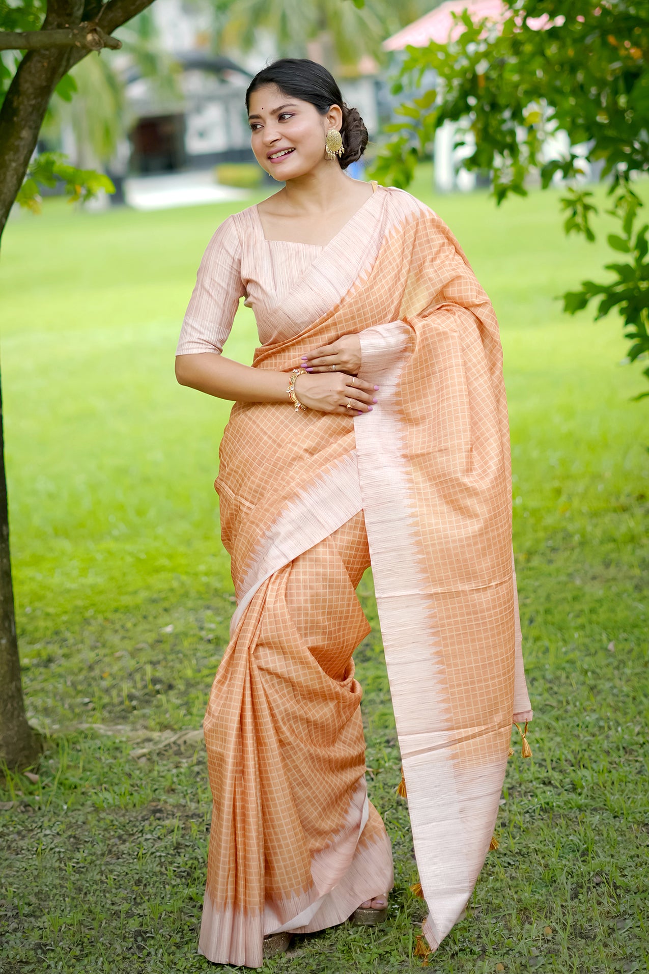 Yellow Tussar Silk Saree with Checks and Contrast Pallu