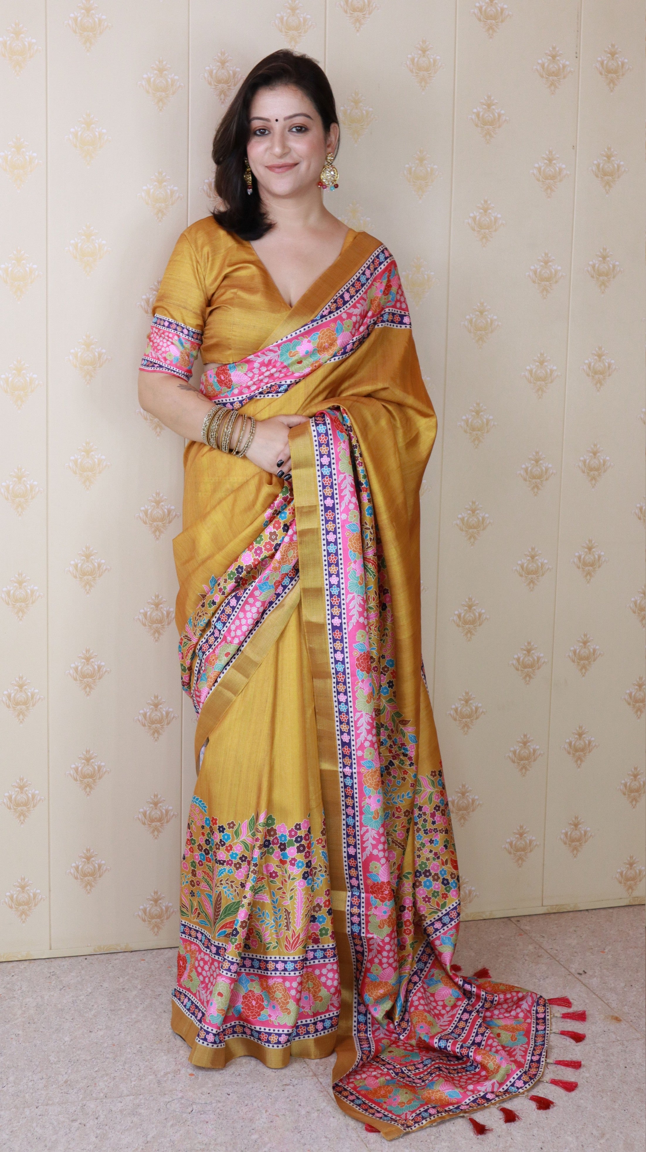 Yellow Tussar Silk Woven Jari Designer With Printed Elegant Party Saree