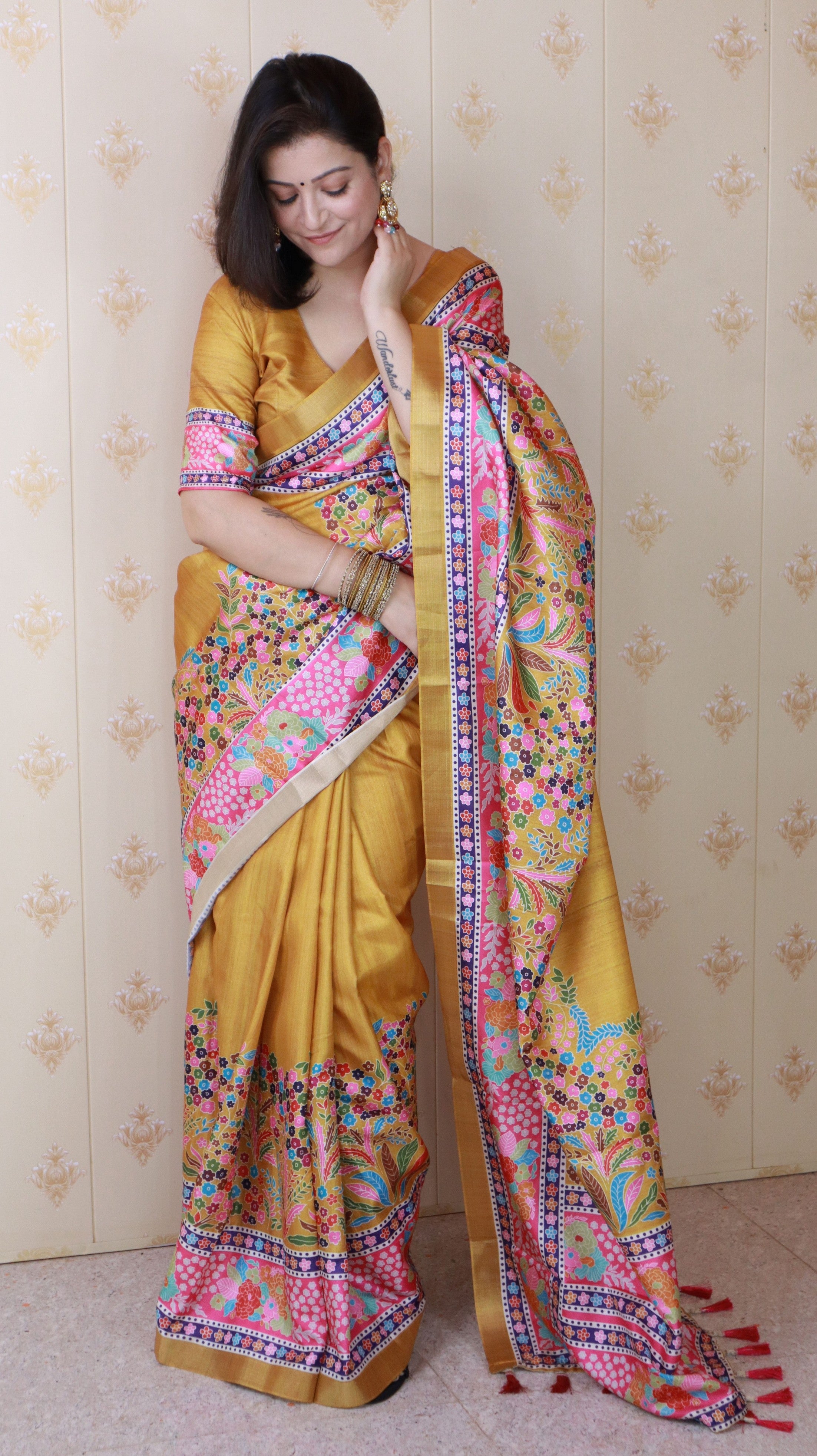 Yellow Tussar Silk Woven Jari Designer With Printed Elegant Party Saree
