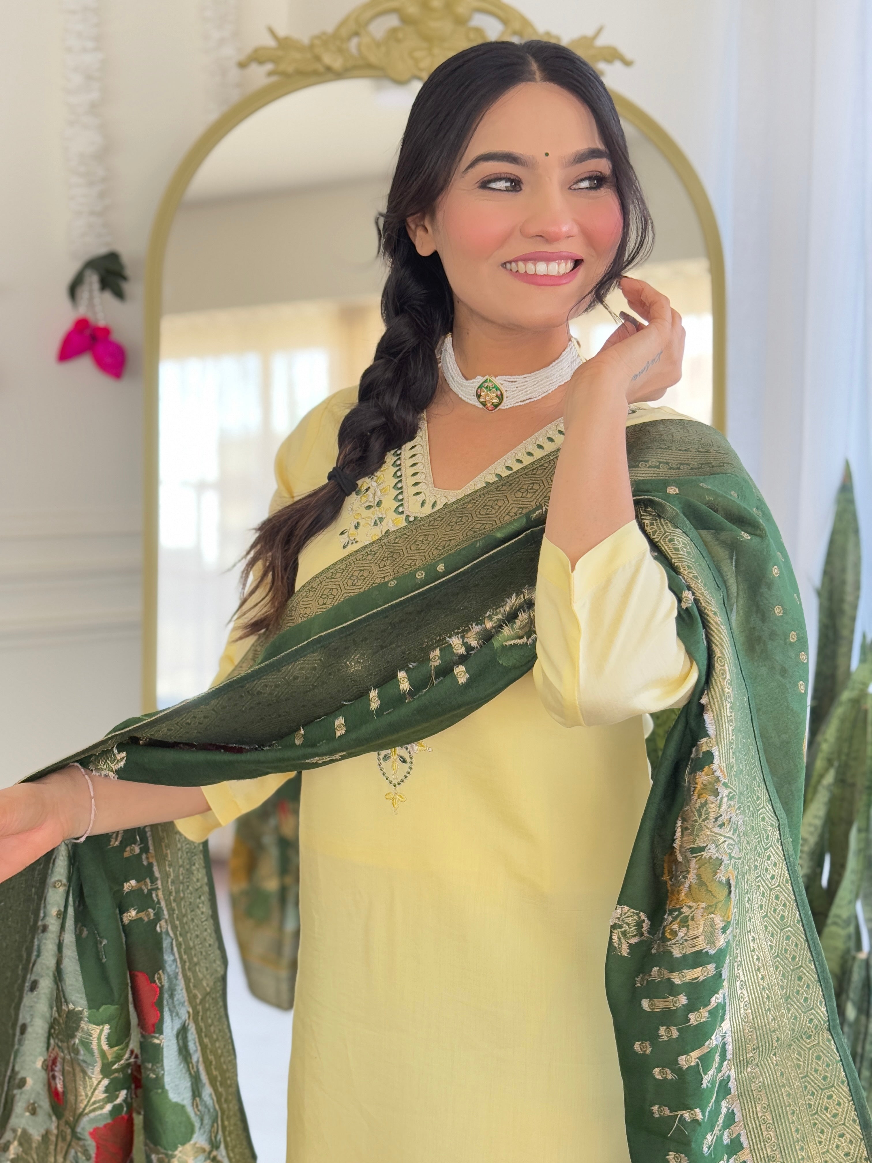 Yellow Viscose Chanderi Kurta Pant Set With Embroidery Work