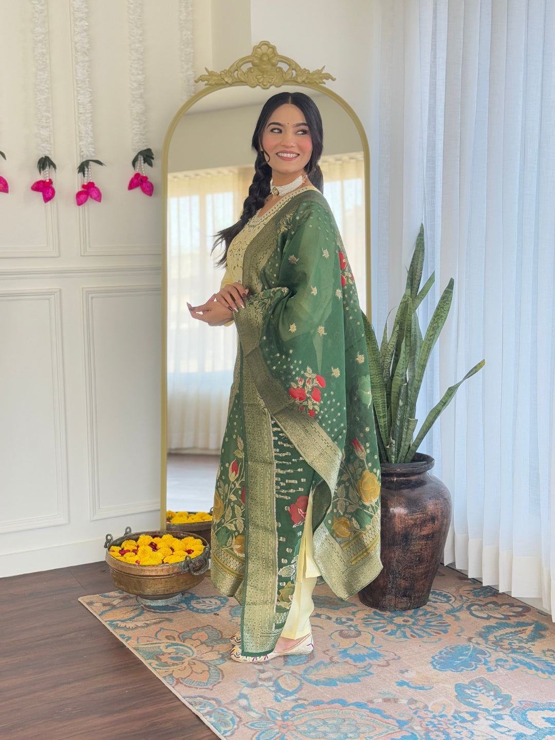 Yellow Viscose Chanderi Kurta Pant Set With Embroidery Work