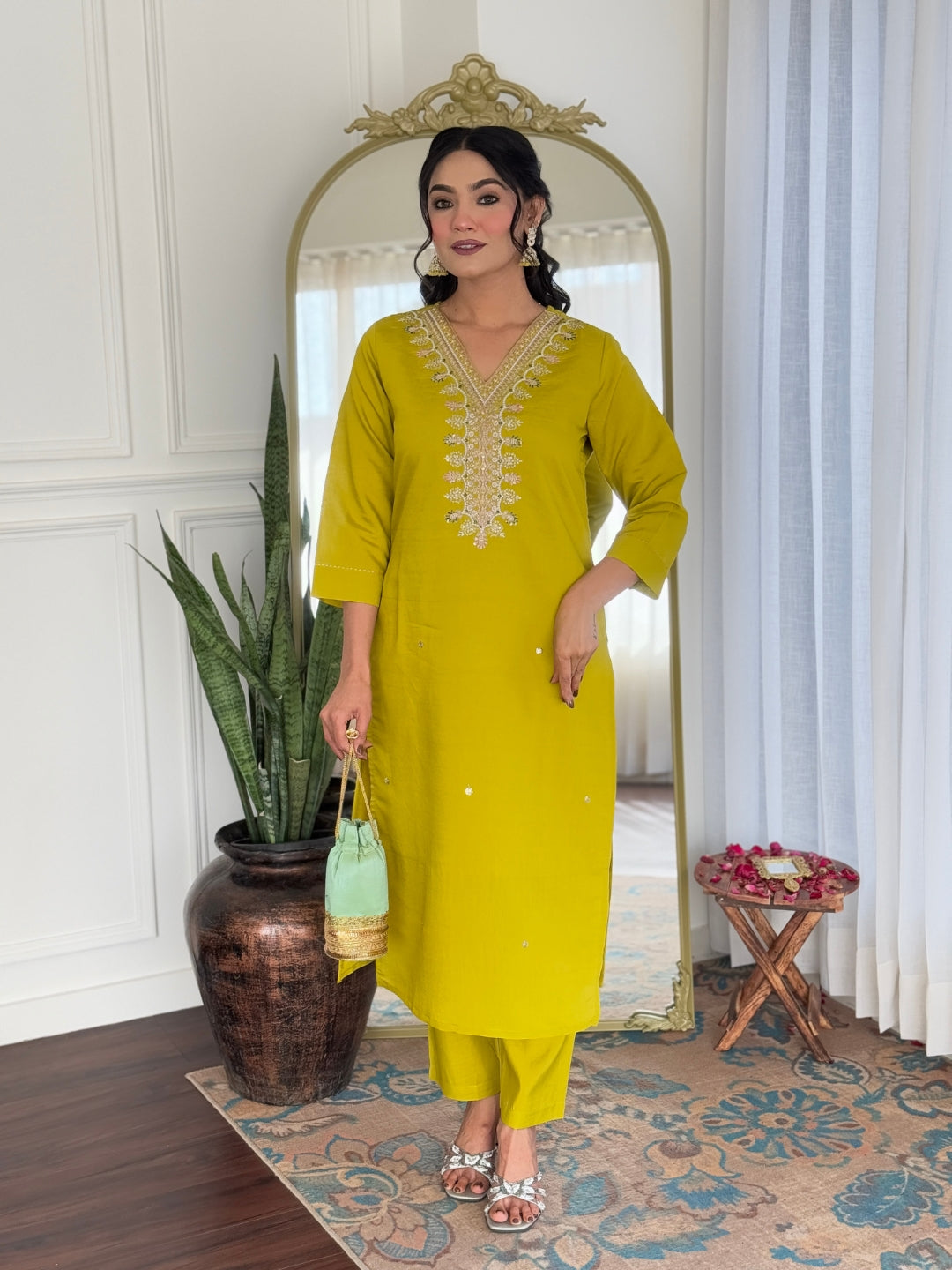 Yellow Viscose Elegant Kurta Pant Set With Embroidery Work