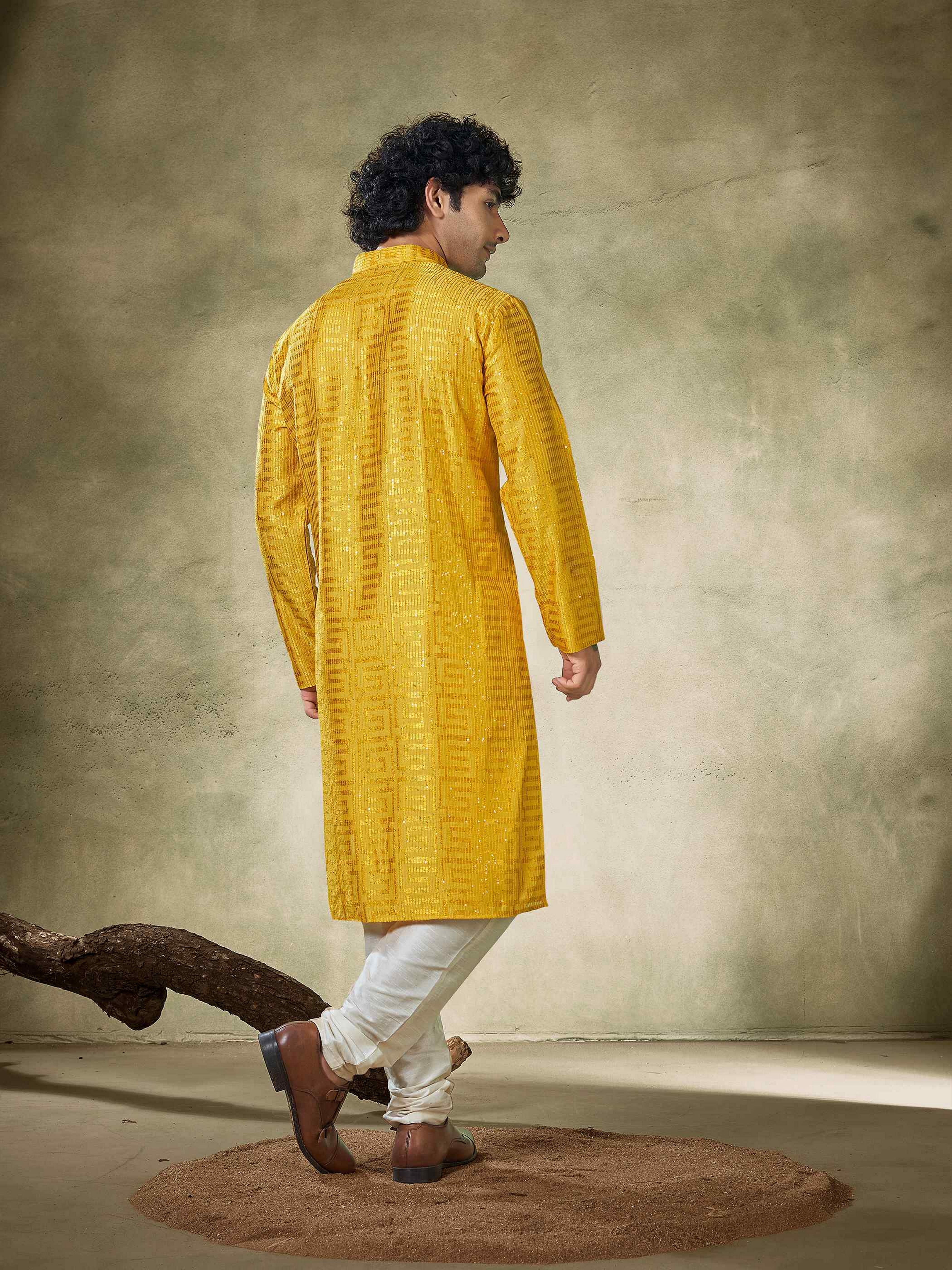 Yellow Viscose Kurta Payjama with Sequins Embroidery – Festive and Vibrant