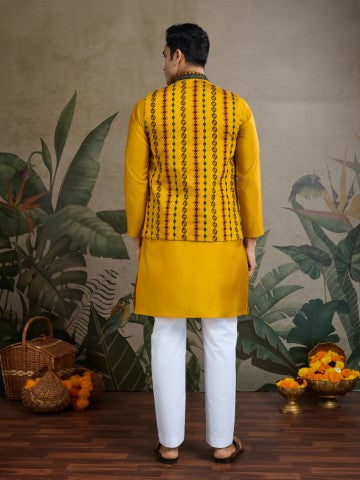 Yellow Viscose Silk Kurta with Swarovski Embroidery & Jacket