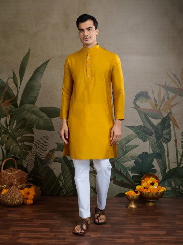 Yellow Viscose Silk Kurta with Swarovski Embroidery & Jacket