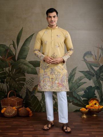 Yellow Viscose Silk Sequins Embroidery Ethnic Partywear Kurta