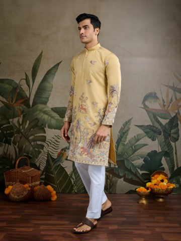 Yellow Viscose Silk Sequins Embroidery Ethnic Partywear Kurta