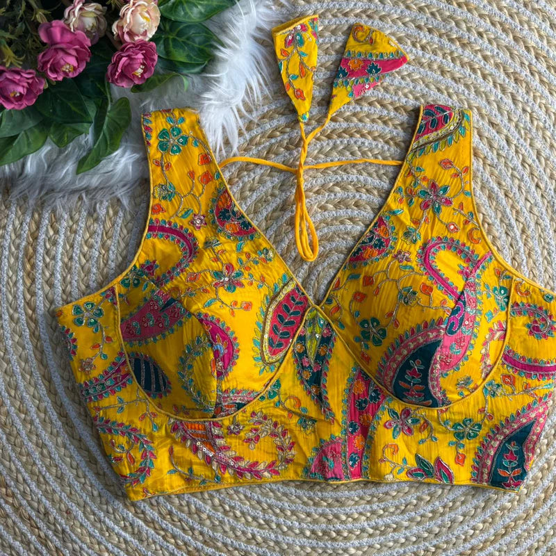 Yellow Womens Designer Heavy Work Saree Blouse Pure Crepe Partywear Readymade Blouse