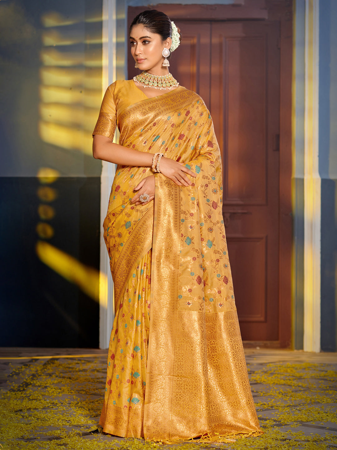 Yellow Woven Jacquard Designer Banarasi Silk Saree For Ethnic Indian Looks