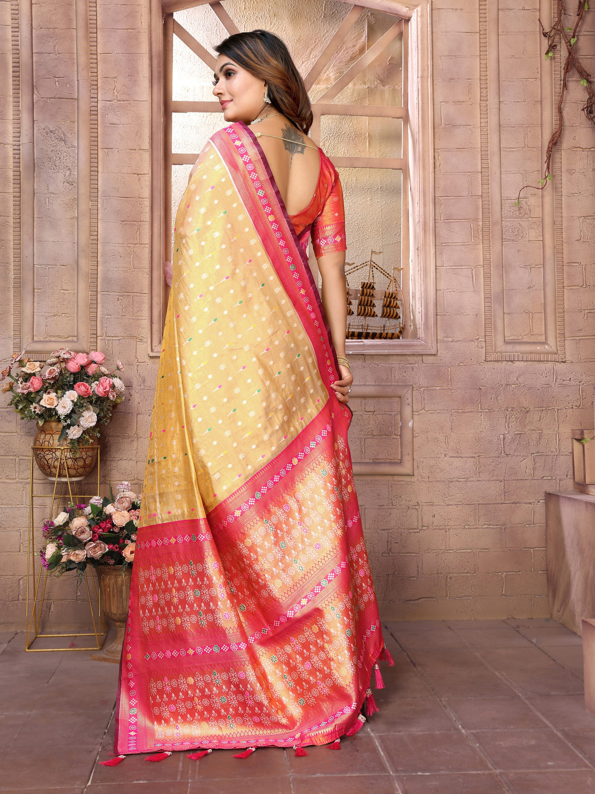 Yellow Woven Patola Designer Banarasi Tissue Silk Saree