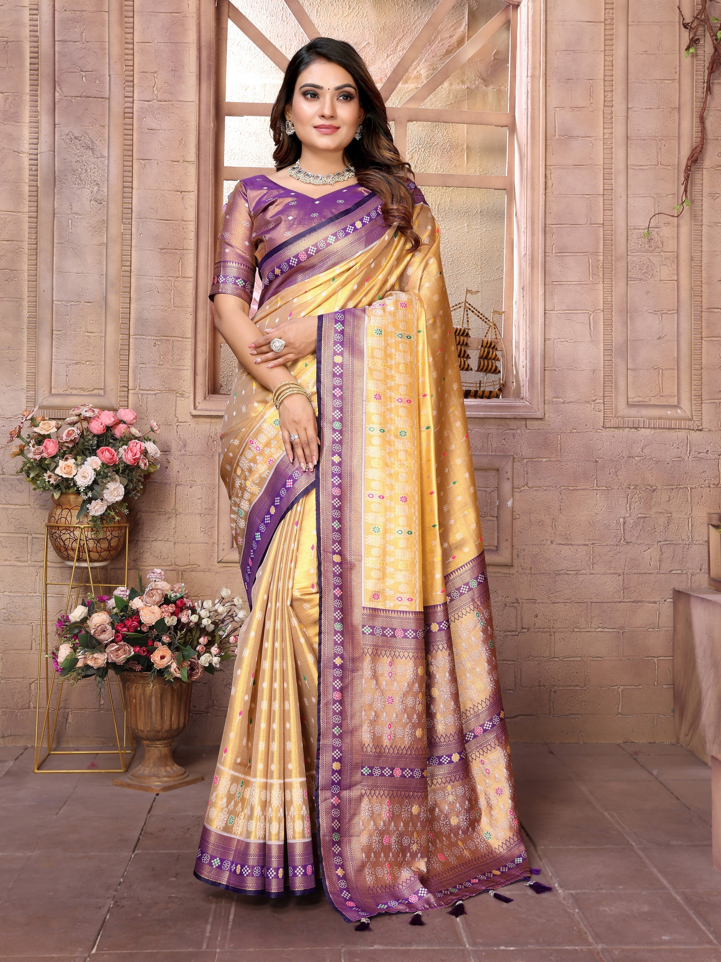 Yellow Woven Patola Designer Banarasi Tissue Silk Saree
