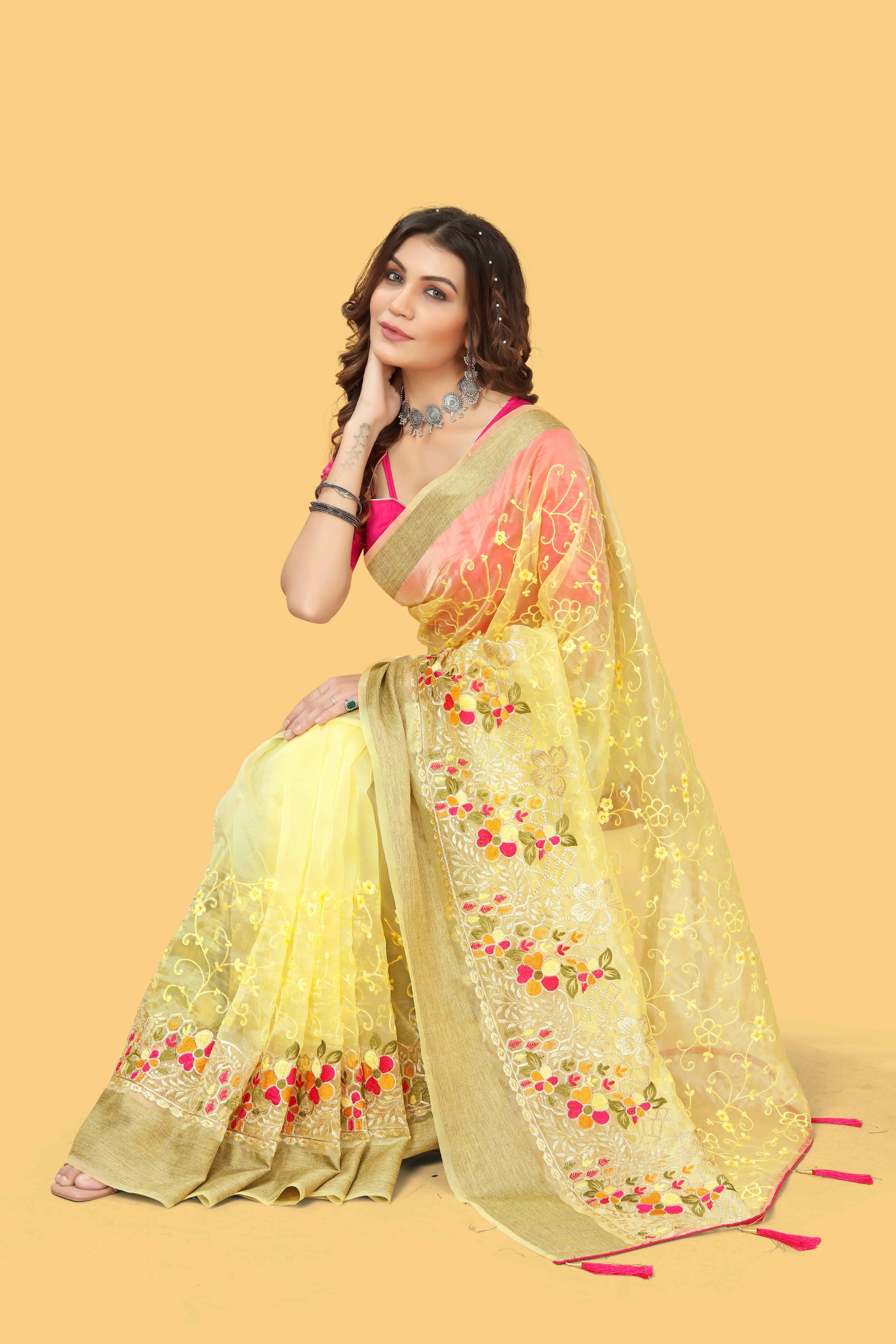 Yellow Woven Patta Organza Silk Saree With Embroidery And Stone Work
