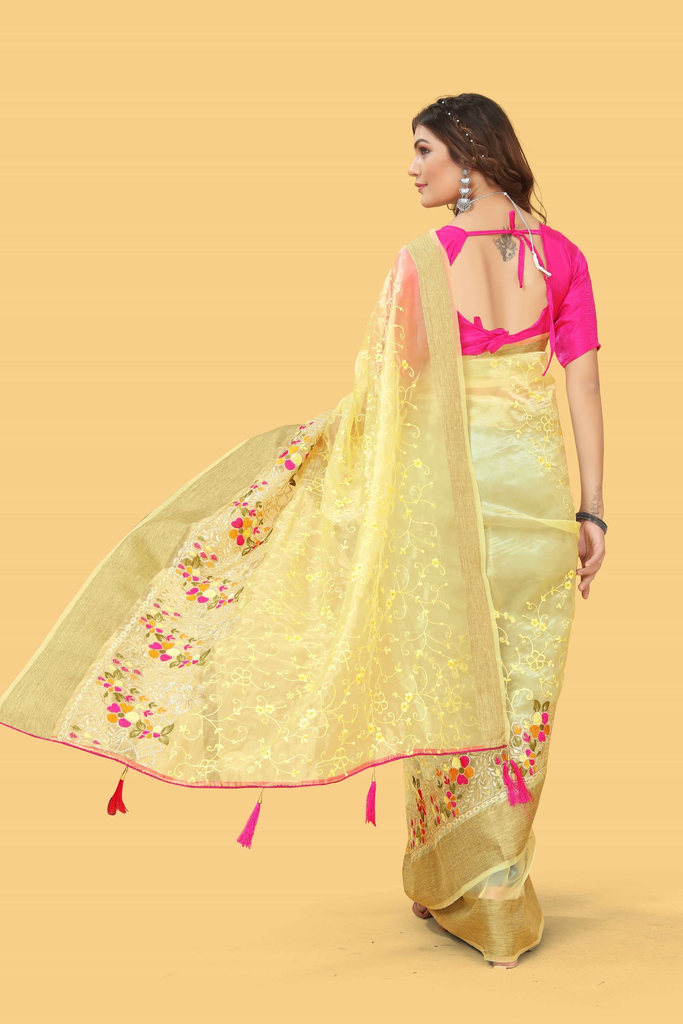 Yellow Woven Patta Organza Silk Saree With Embroidery And Stone Work