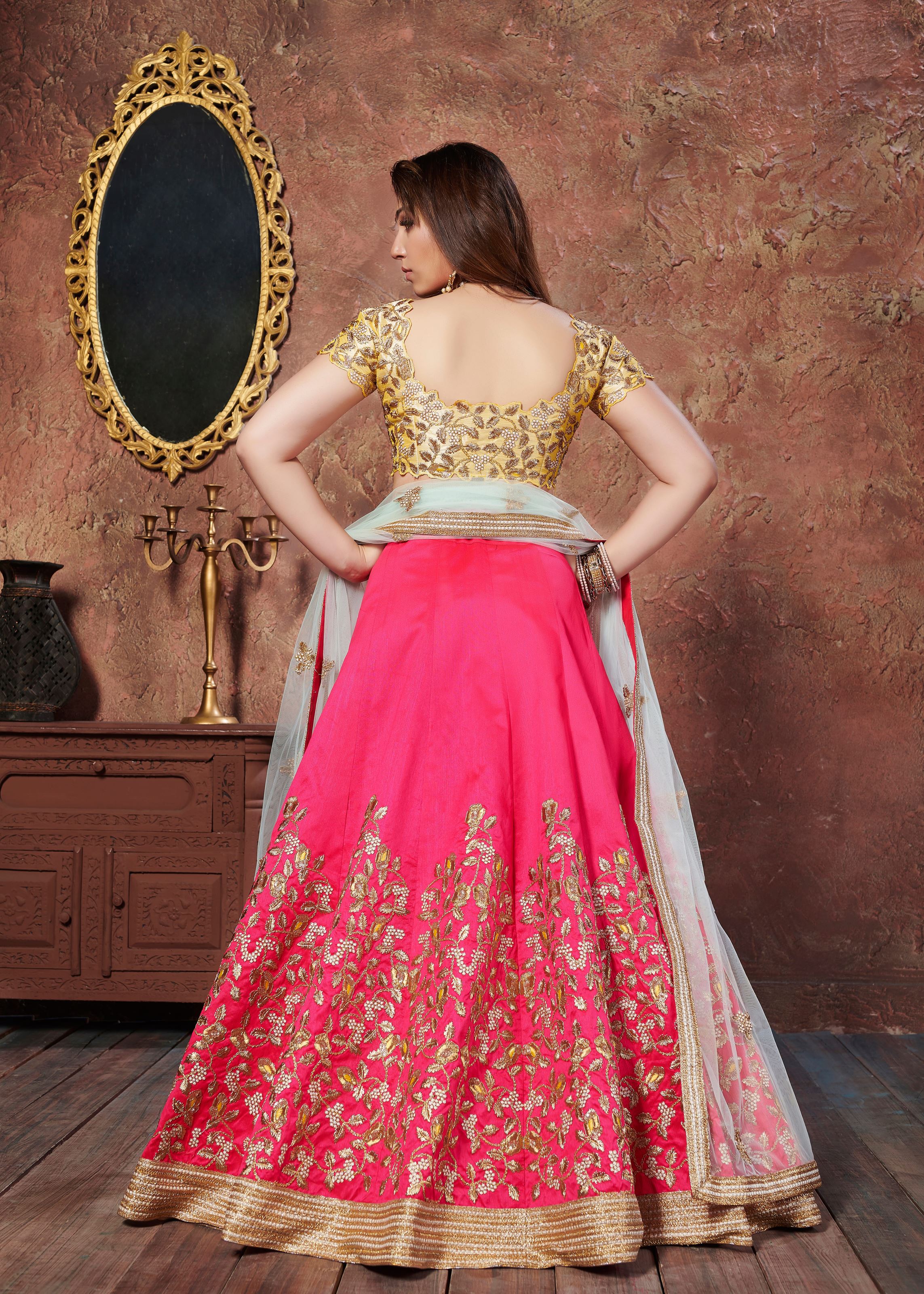 Yellow & Pink Lehenga Choli With Dori, Thread And Sequins Embroidery