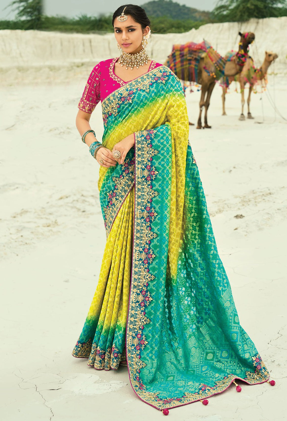 Yellow & Rama Bandhej Saree with Heavy Hand Work Border With Embroidery Blouse