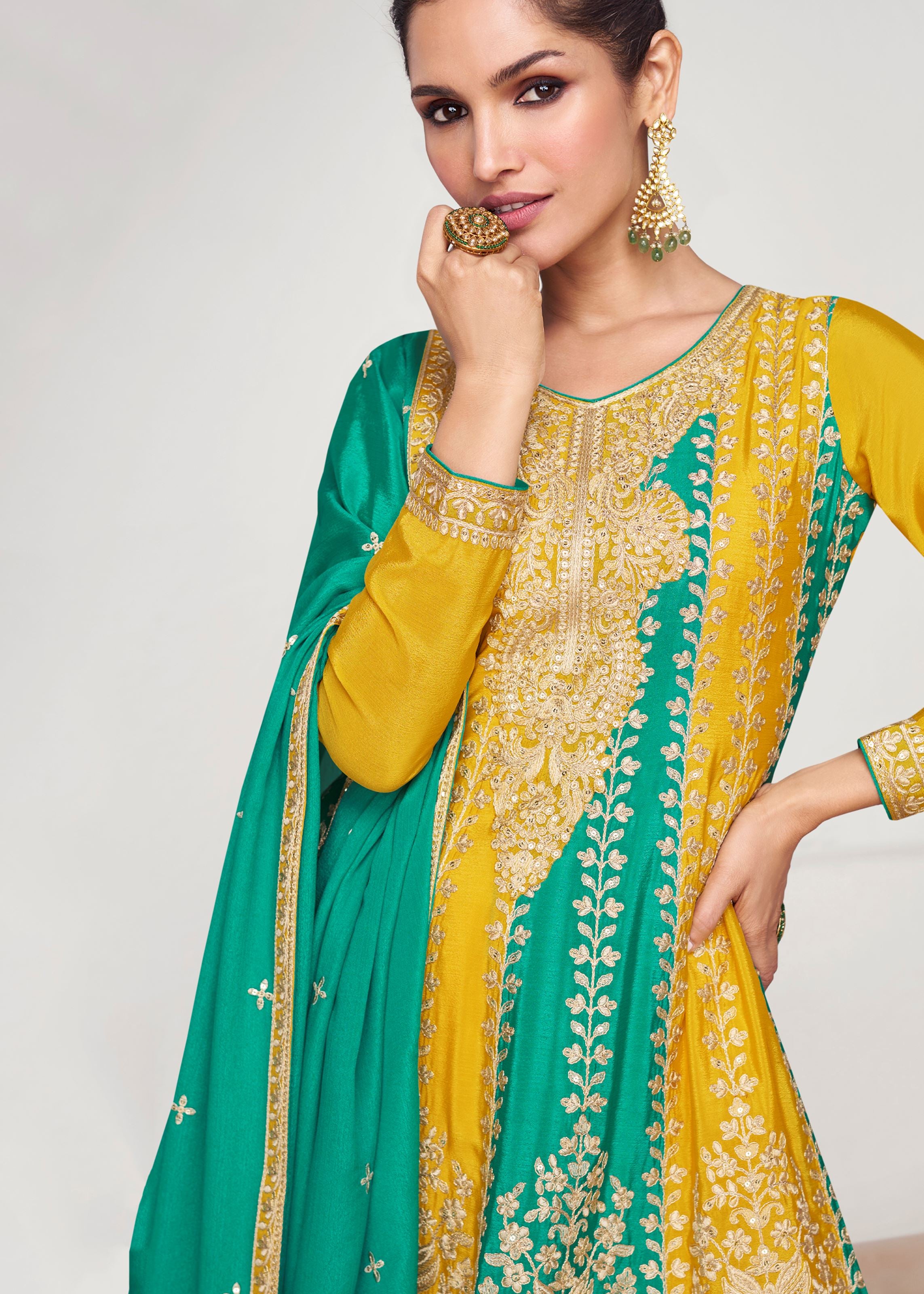 Yellow & Rama Salwar kameez with Heavy Thread Embroidery With Sequins Work