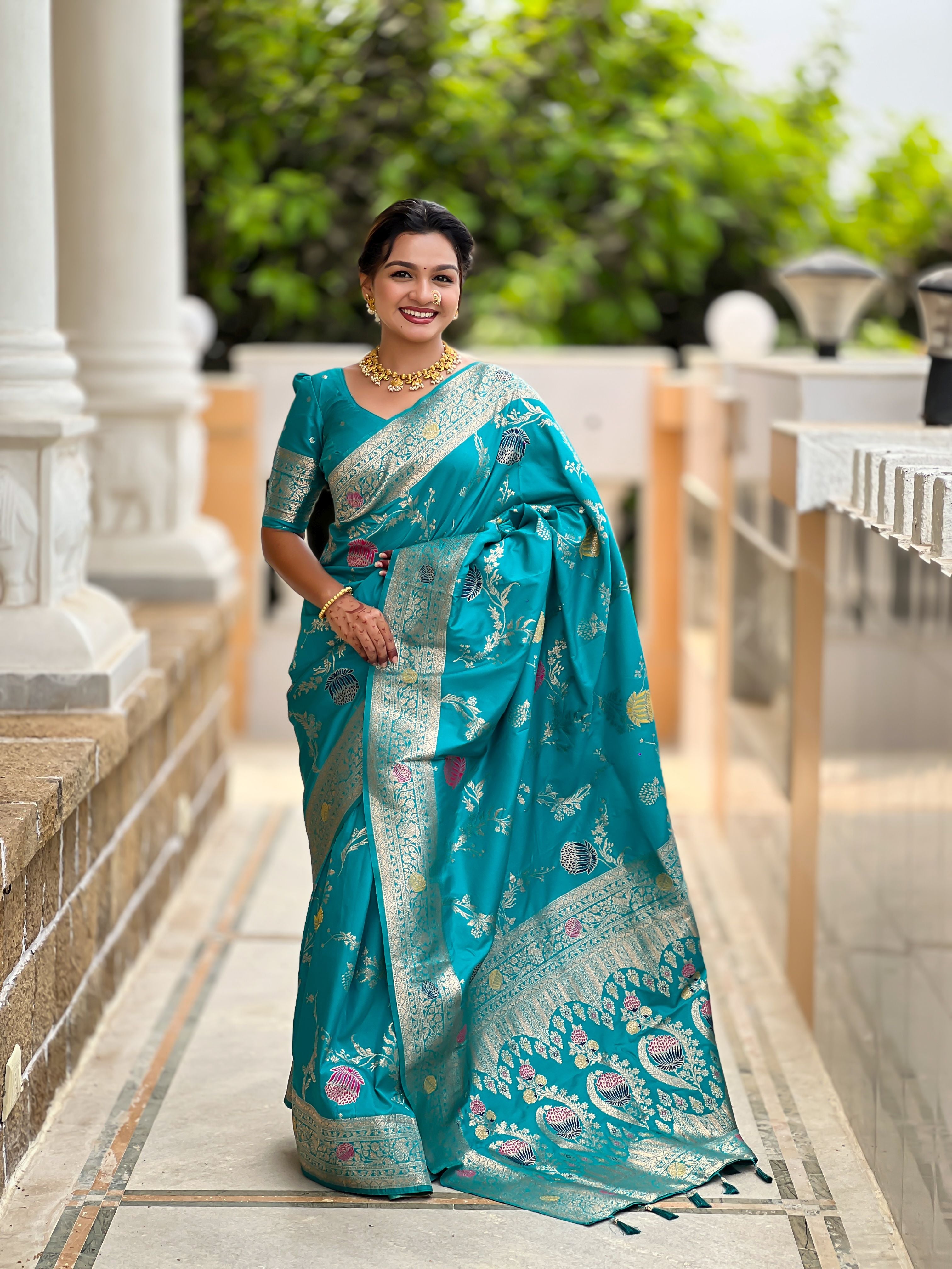 Sea Green Beautiful Banarasi Silk Woven Meenakari Designer Graceful Ethnic Saree