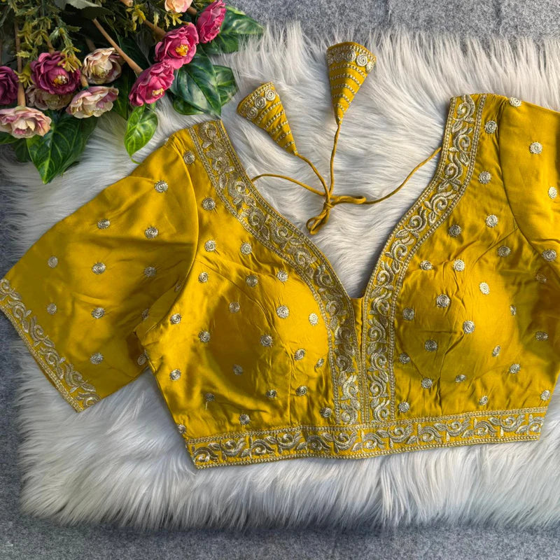 ellow Heavy Embroidery Work Partywear Blouse in Roman Silk with Embroidery & Sequins