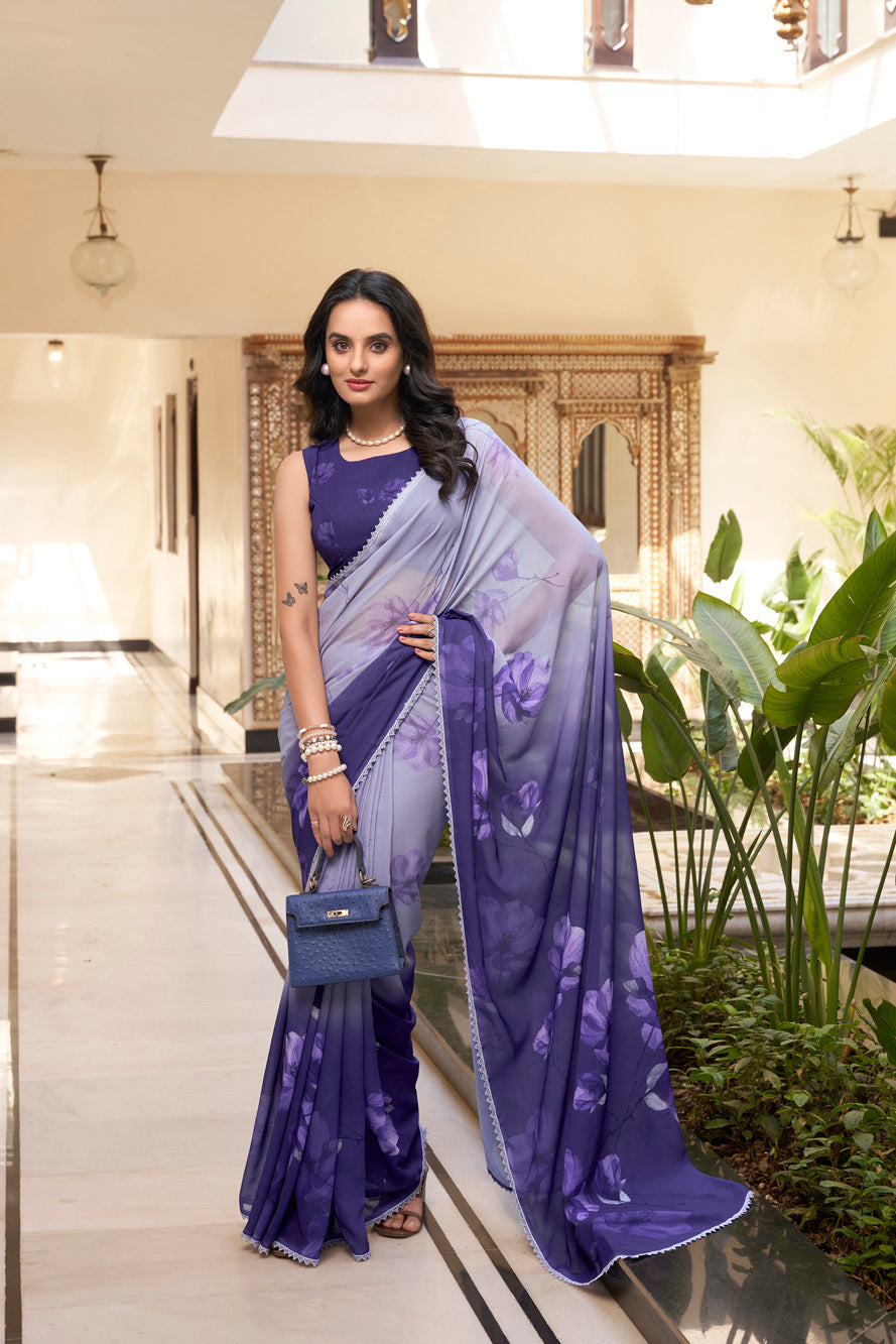 purple Floral Marble Saree with Lace Border