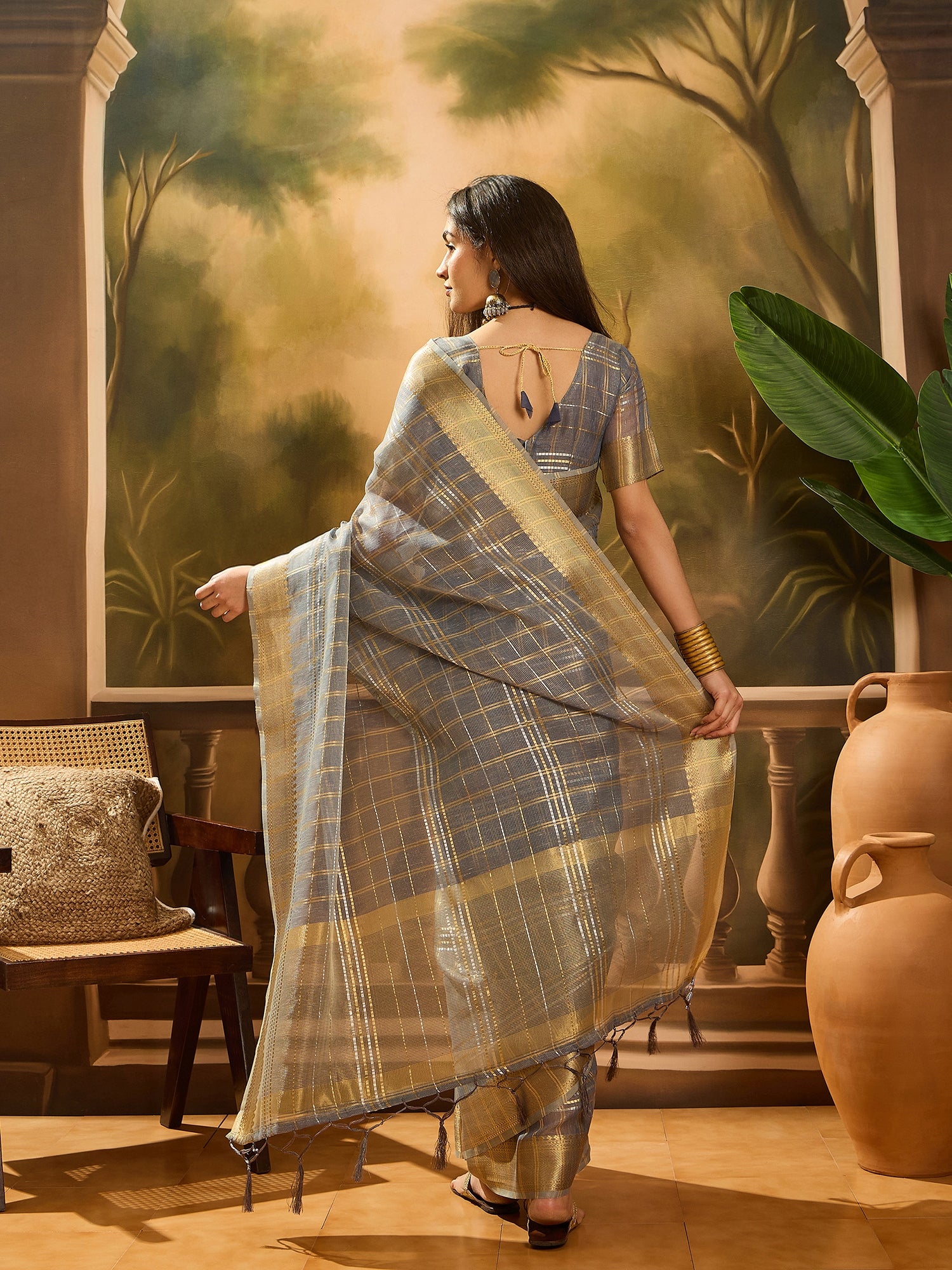 Grey Khadi Organza Woven Jacquard Designer Ethnic Traditional Festive Wear Saree