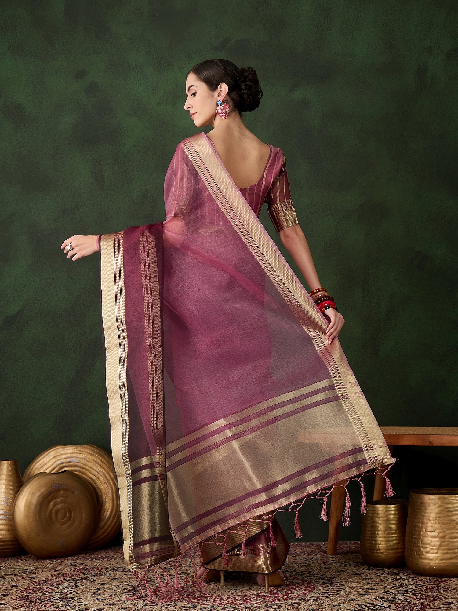 Wine Khadi Organza Fabric Beautiful Woven Jacquard Designer Saree