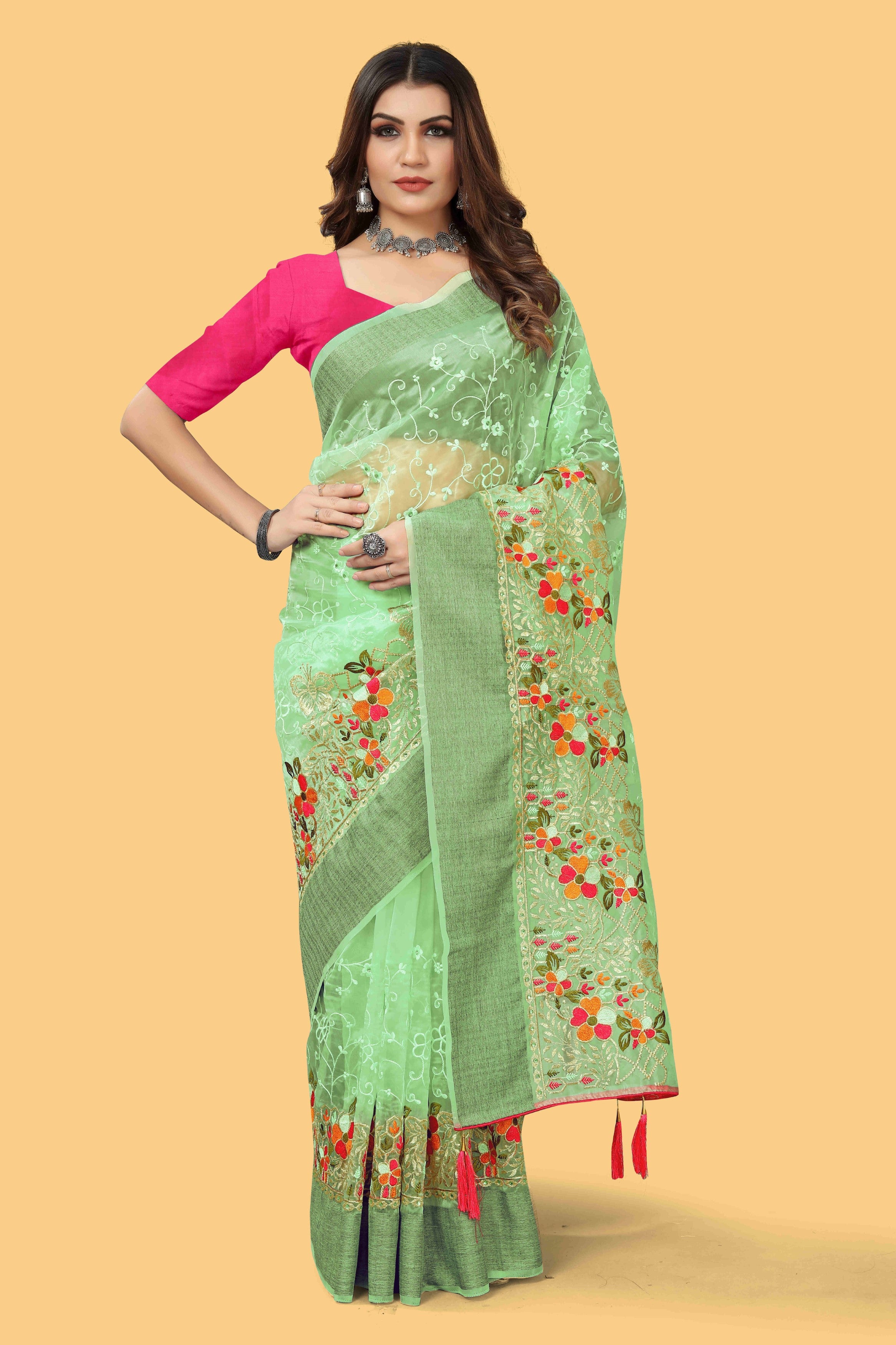 Green Woven Patta Organza Silk Saree With Embroidery And Stone Work
